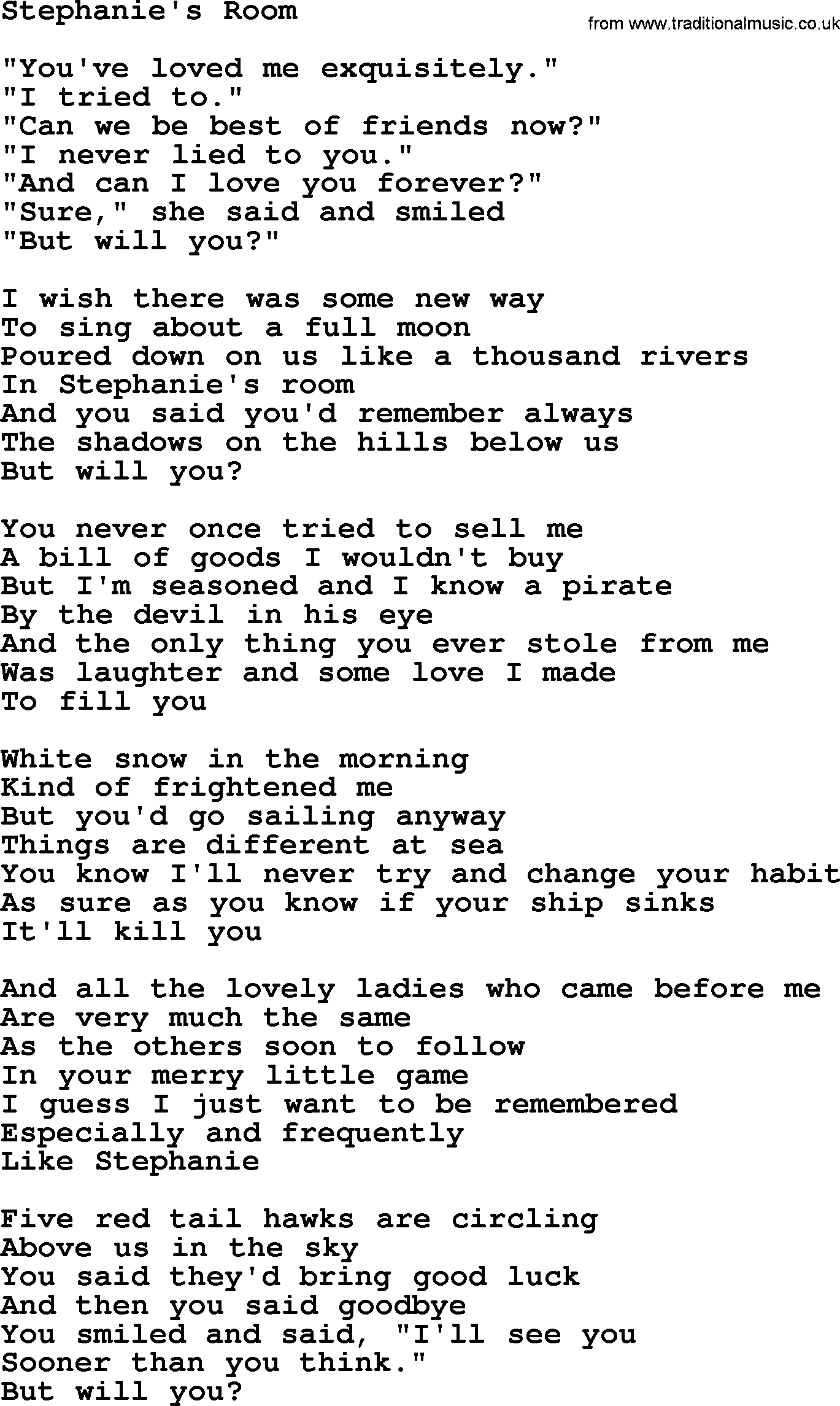 Joan Baez song Stephanie's Room, lyrics
