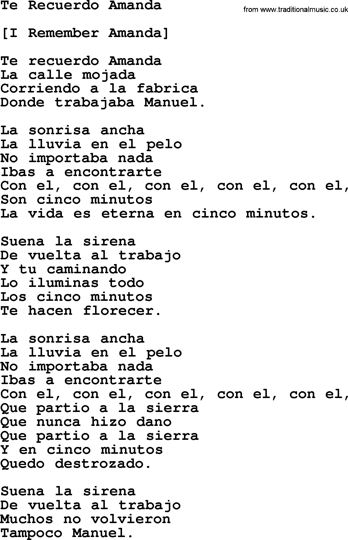 Joan Baez song Te Recuerdo Amanda, lyrics