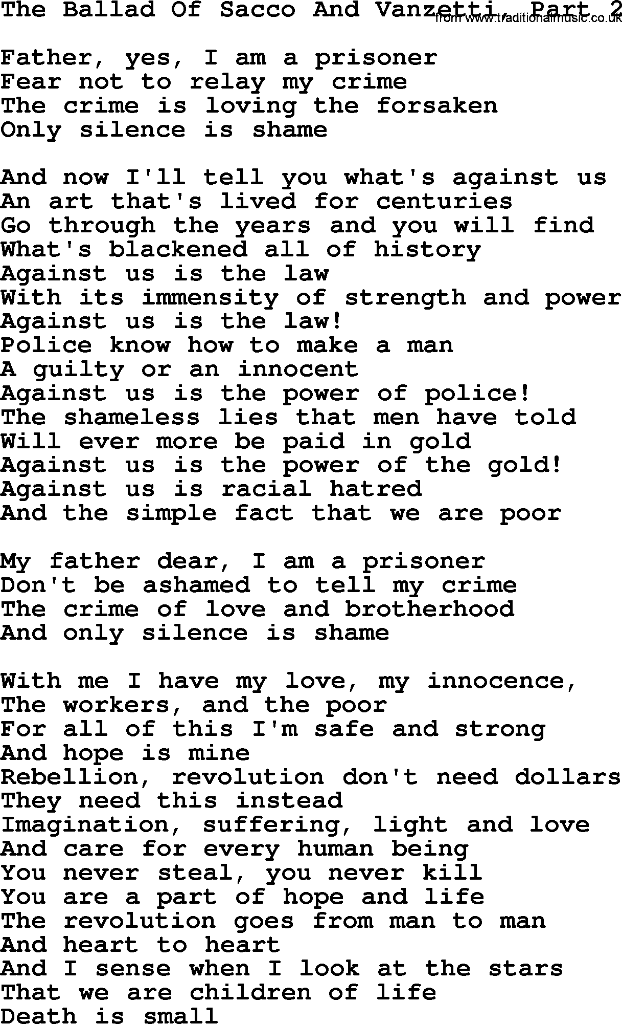 Joan Baez song The Ballad Of Sacco And Vanzetti, Part 2, lyrics
