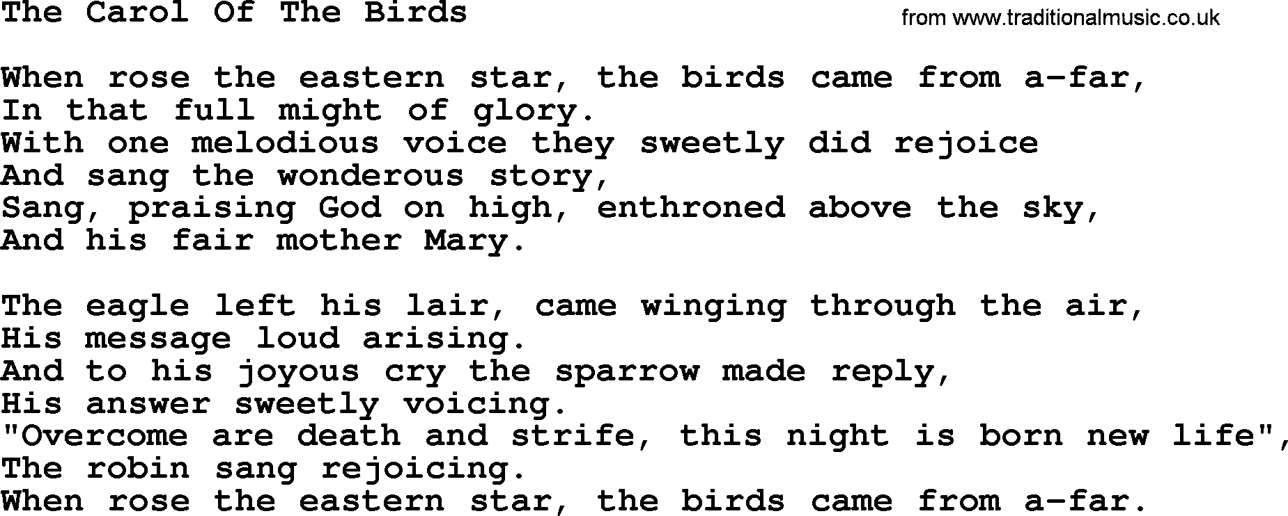 Joan Baez song The Carol Of The Birds, lyrics