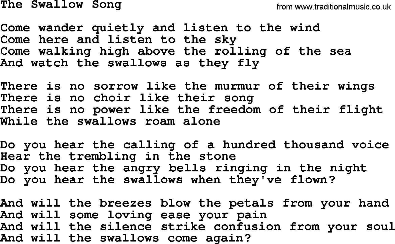 Joan Baez song The Swallow Song, lyrics