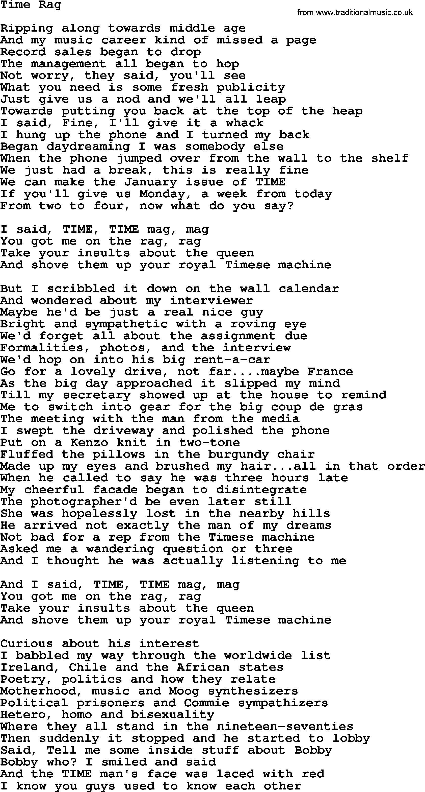 Joan Baez song Time Rag, lyrics
