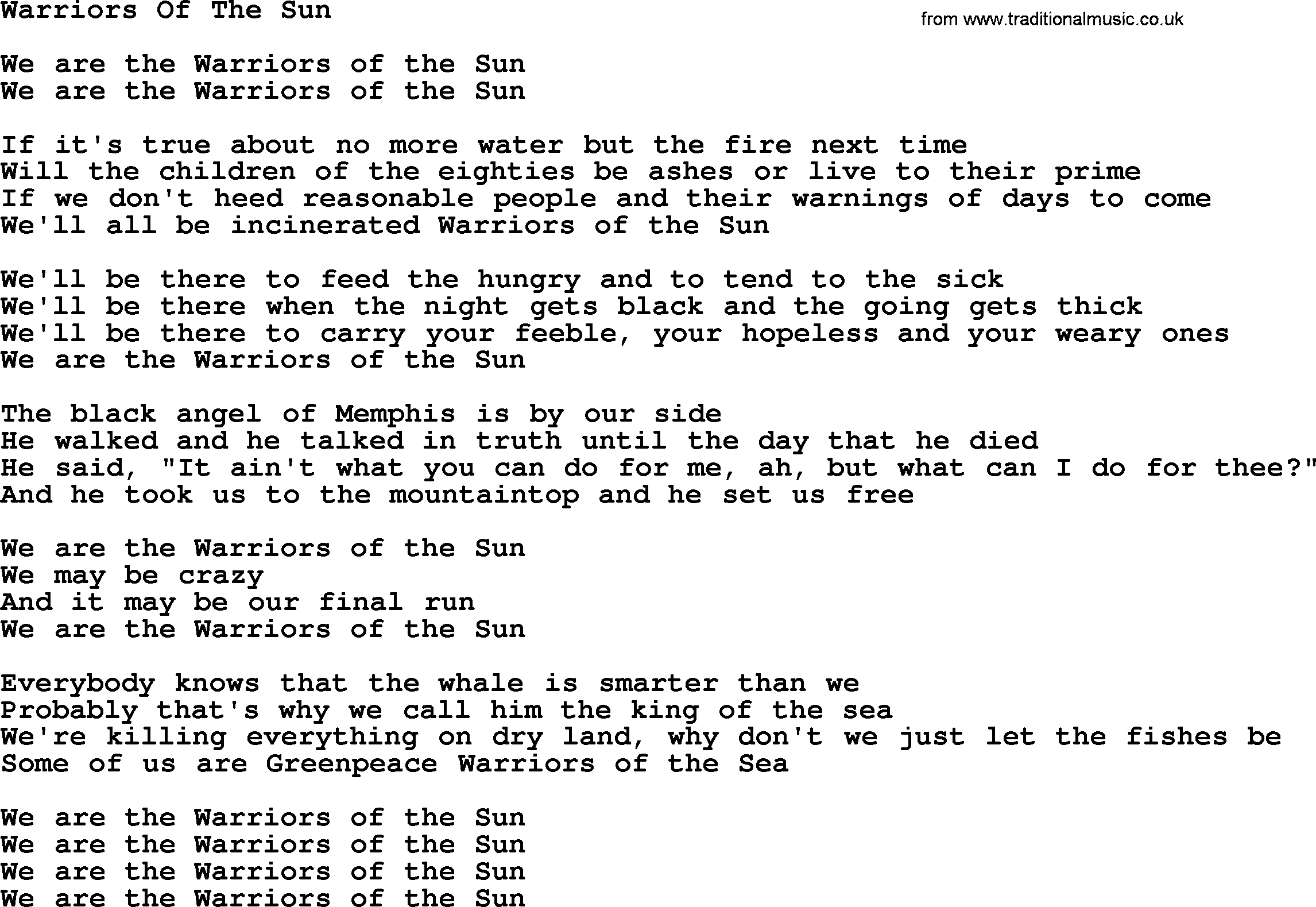 Joan Baez song Warriors Of The Sun, lyrics