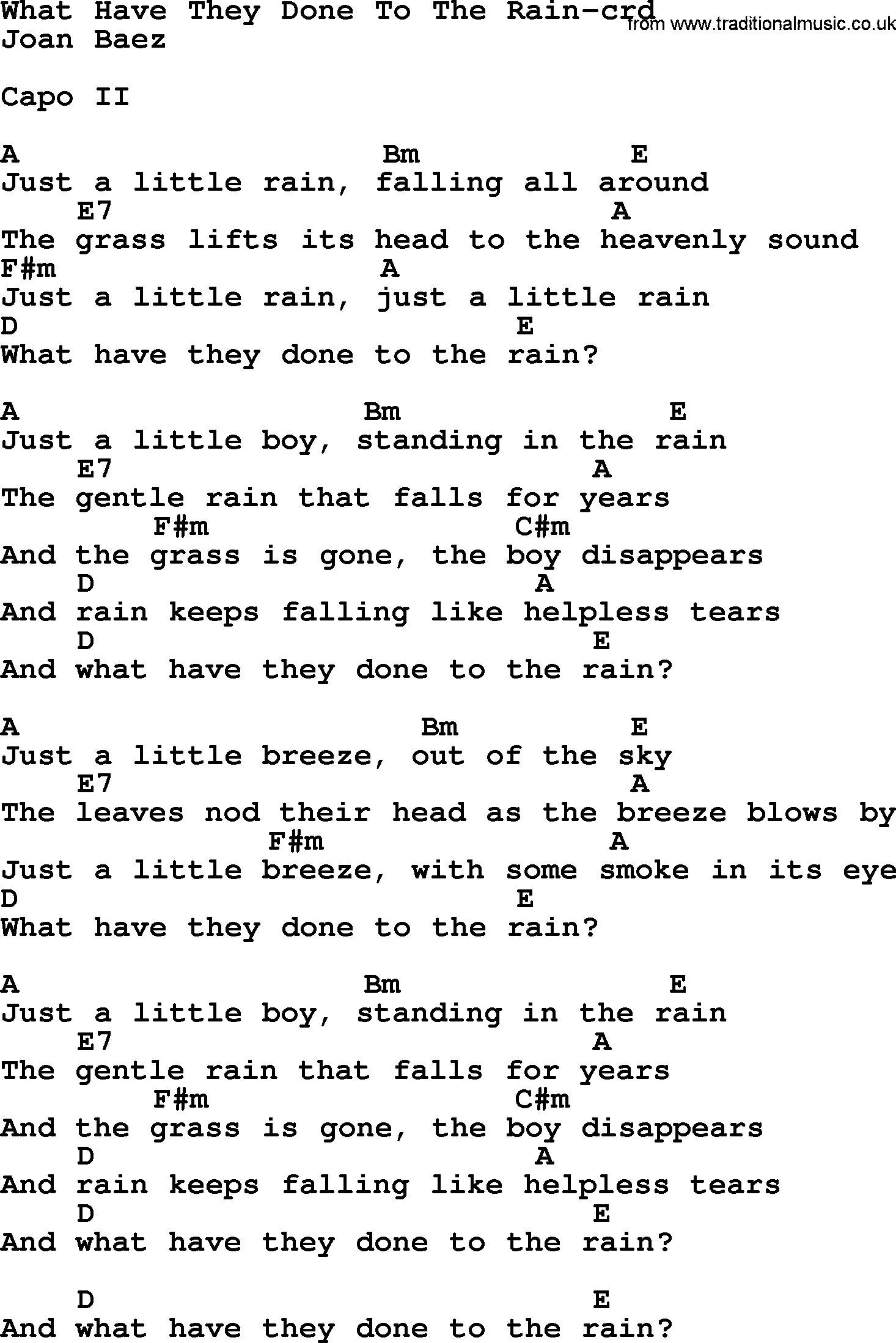 Joan Baez song What Have They Done To The Rain lyrics and chords