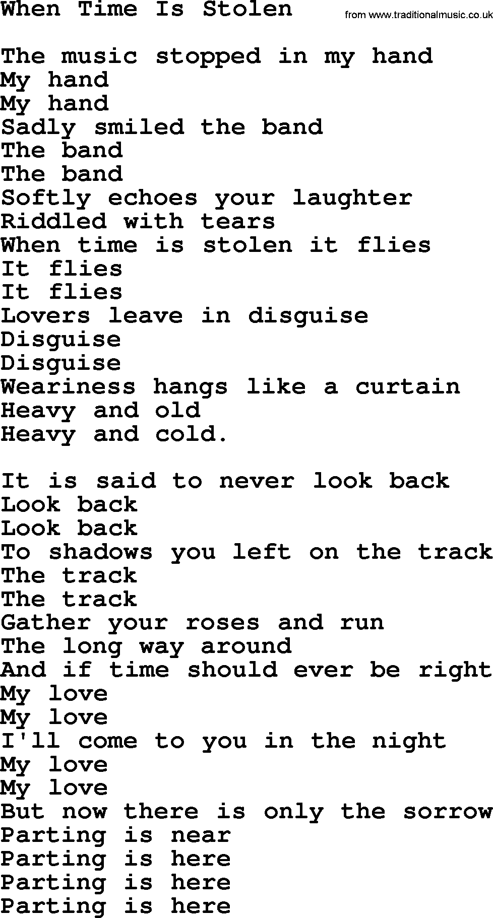 Joan Baez song When Time Is Stolen, lyrics