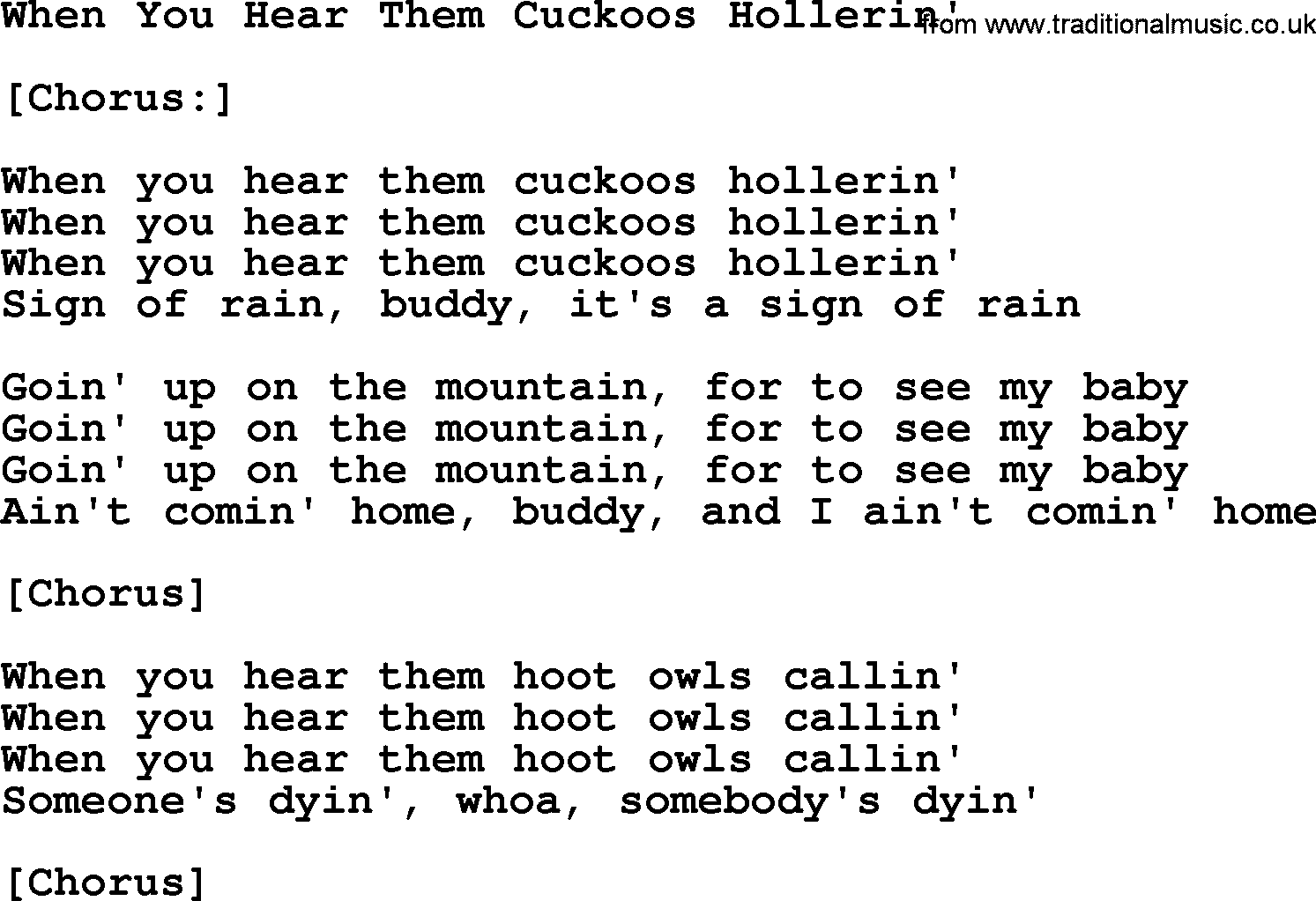 Joan Baez song When You Hear Them Cuckoos Hollerin', lyrics