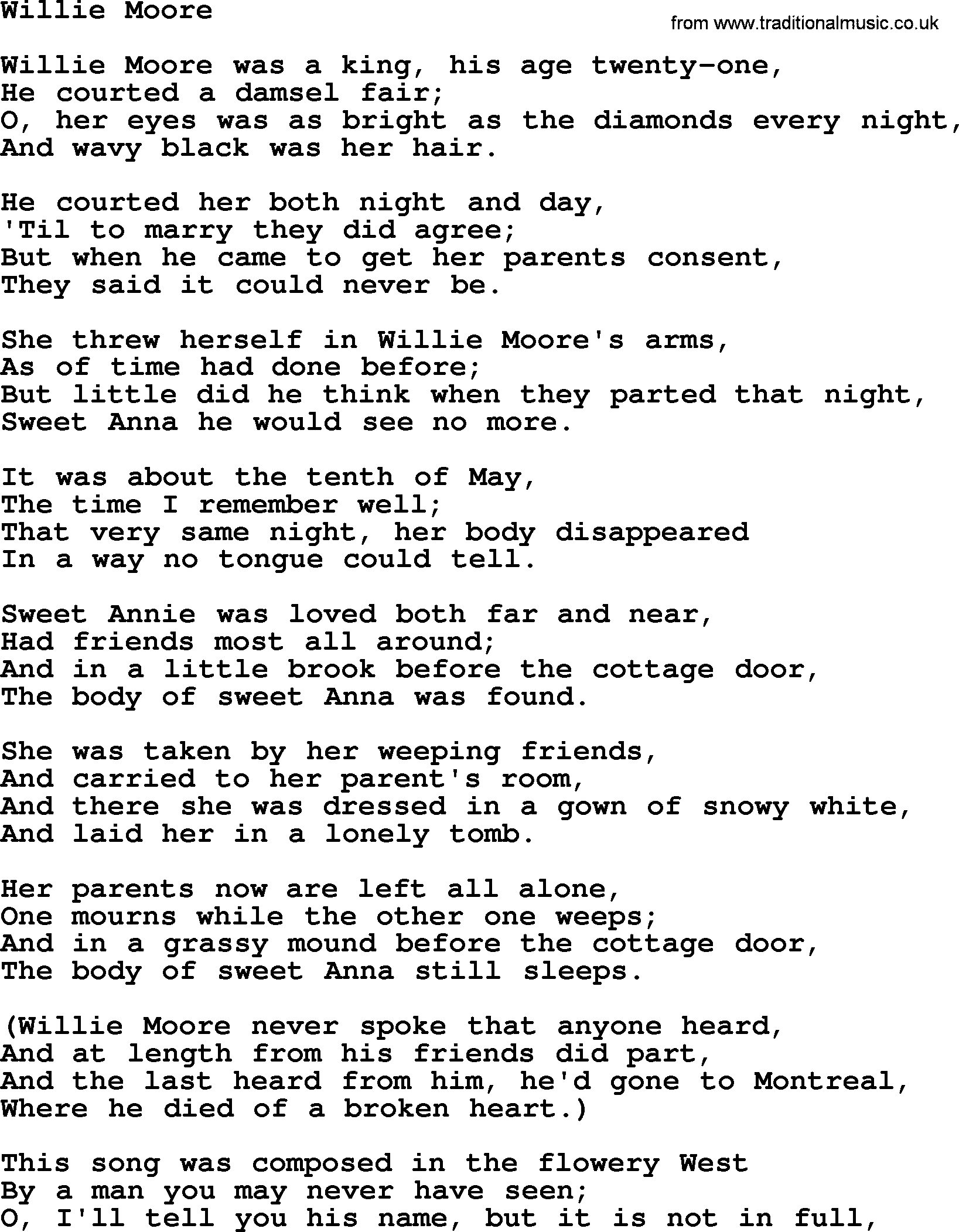 Joan Baez song Willie Moore, lyrics