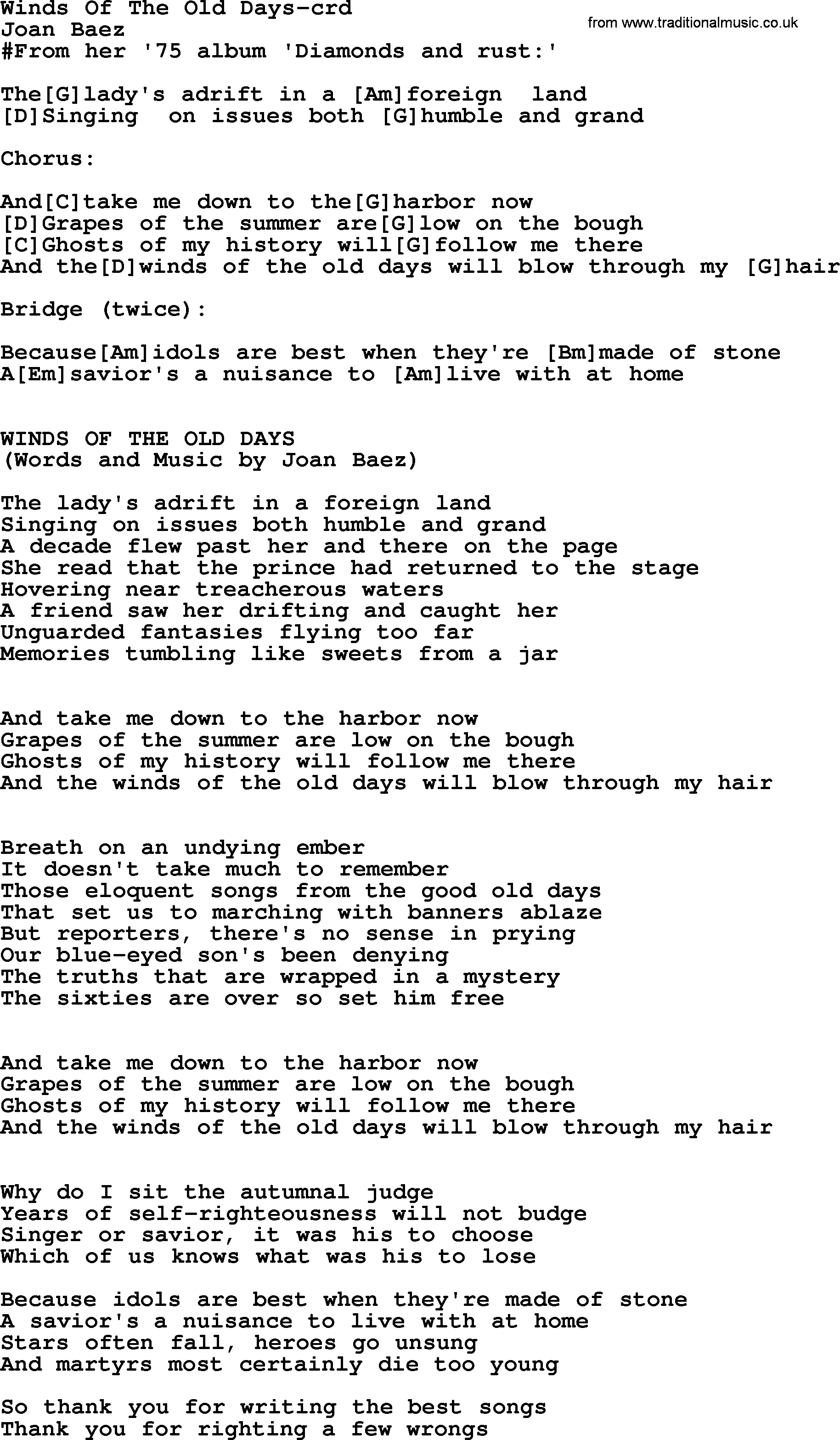 Joan Baez song Winds Of The Old Days lyrics and chords