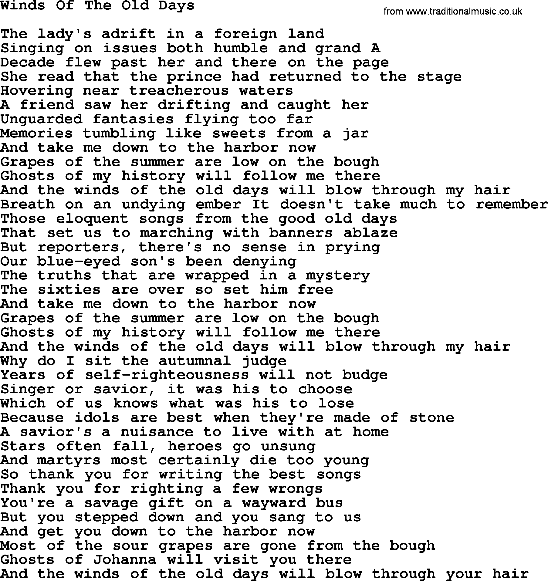 Joan Baez song Winds Of The Old Days, lyrics