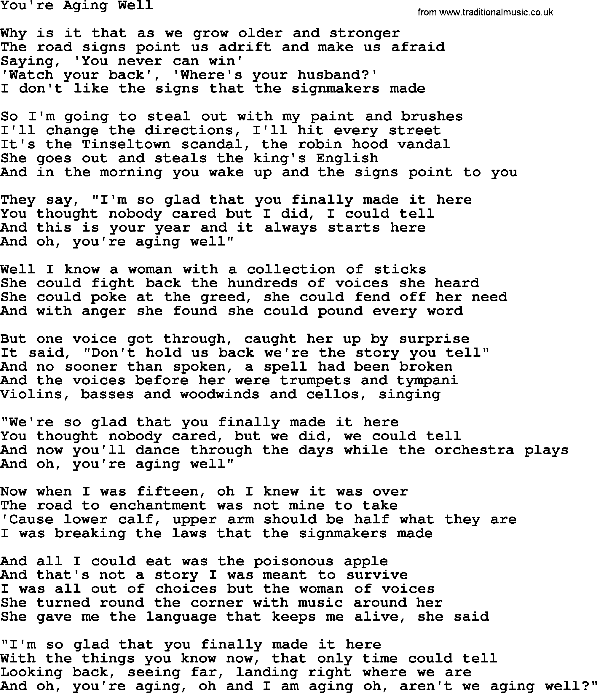 Joan Baez song You're Aging Well, lyrics