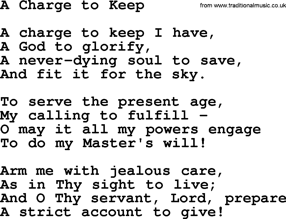 Baptist Hymnal Hymn: A Charge To Keep, lyrics with pdf