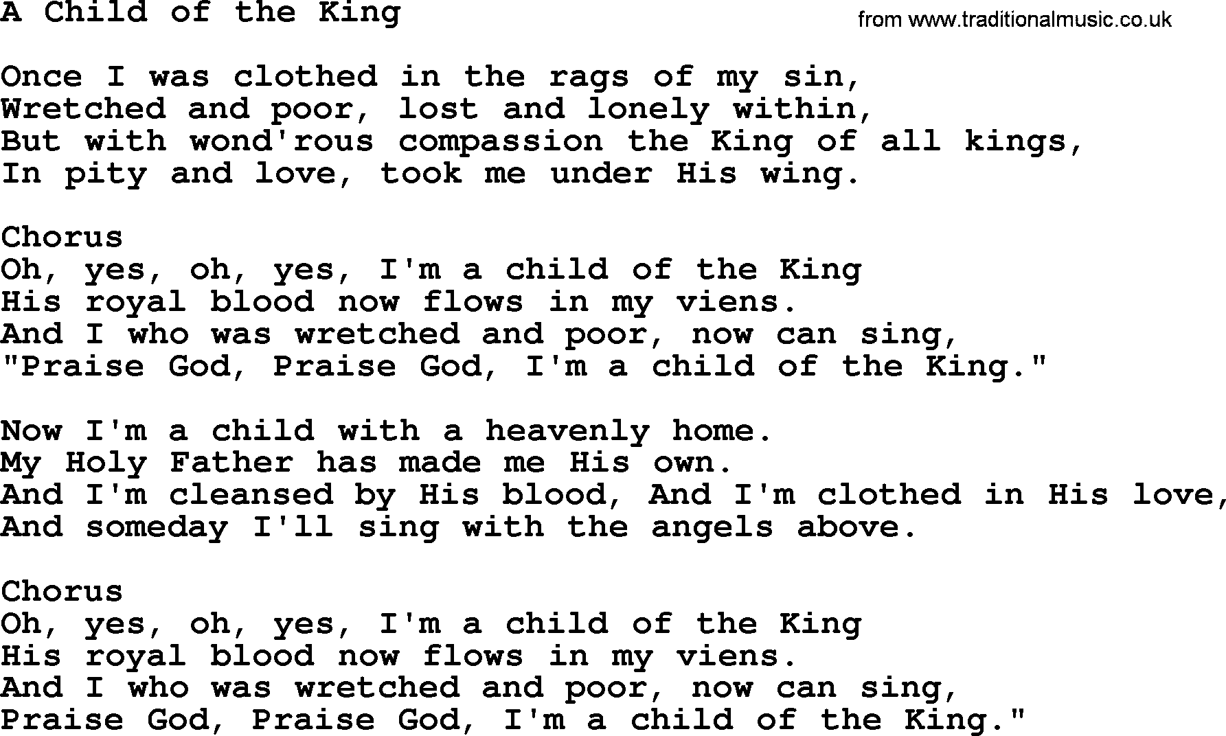 Baptist Hymnal Hymn: A Child Of The King, lyrics with pdf
