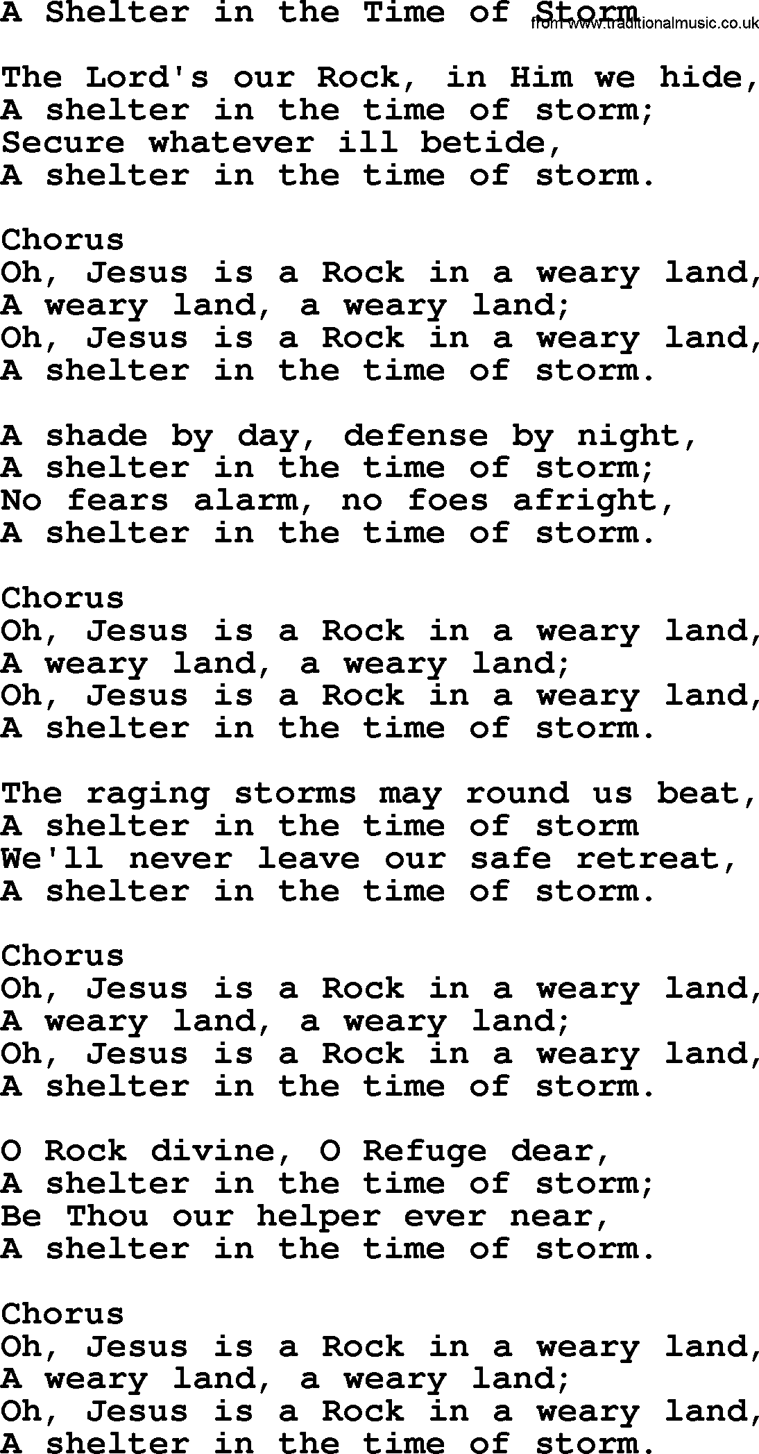Baptist Hymnal Hymn: A Shelter In The Time Of Storm, lyrics with pdf