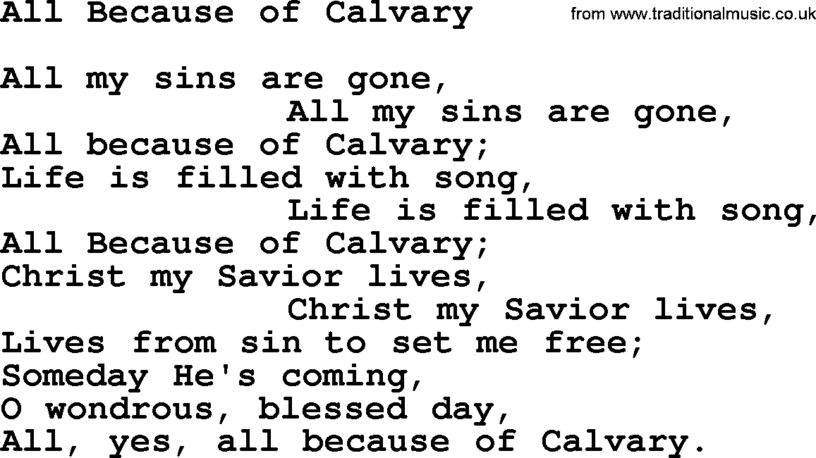 Baptist Hymnal Hymn: All Because Of Calvary, lyrics with pdf