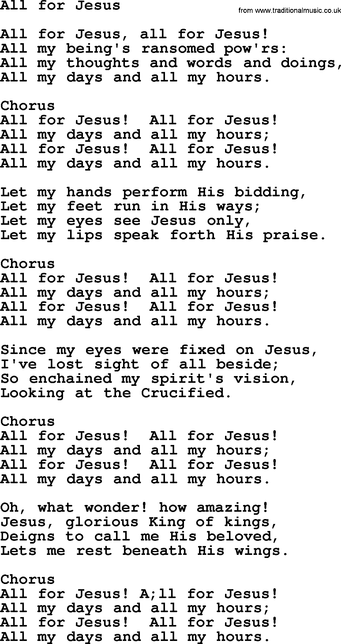 Baptist Hymnal Hymn: All For Jesus, lyrics with pdf