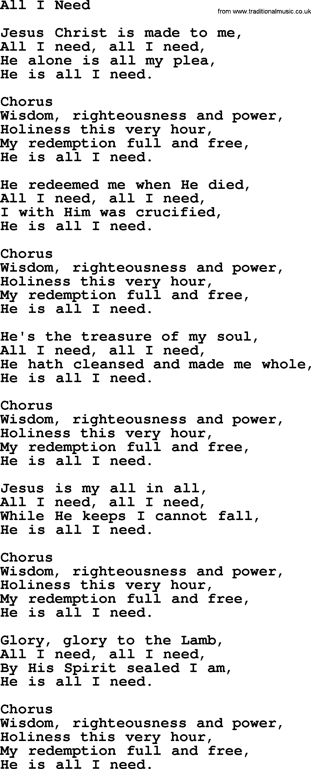 Baptist Hymnal Hymn: All I Need, lyrics with pdf