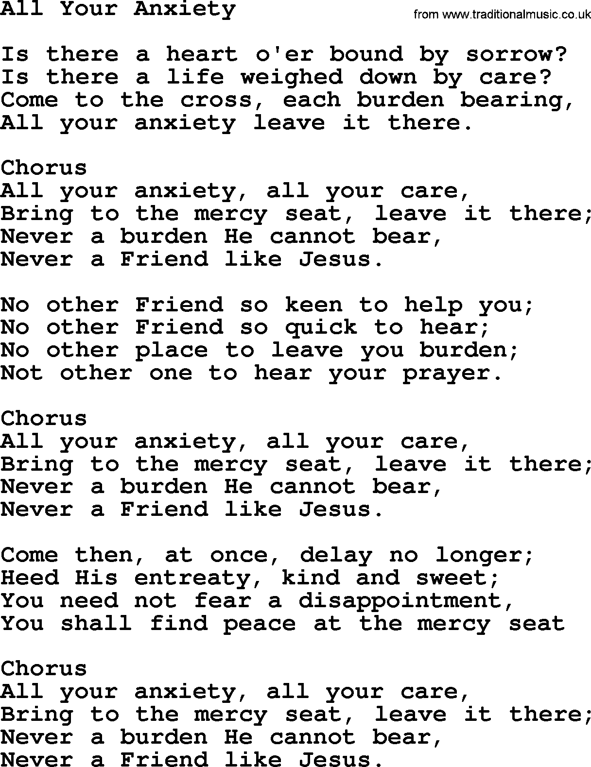 Baptist Hymnal Hymn: All Your Anxiety, lyrics with pdf