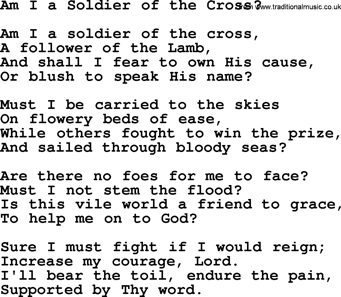 Baptist Hymnal Hymn: Am I A Soldier Of The Cross, lyrics with pdf