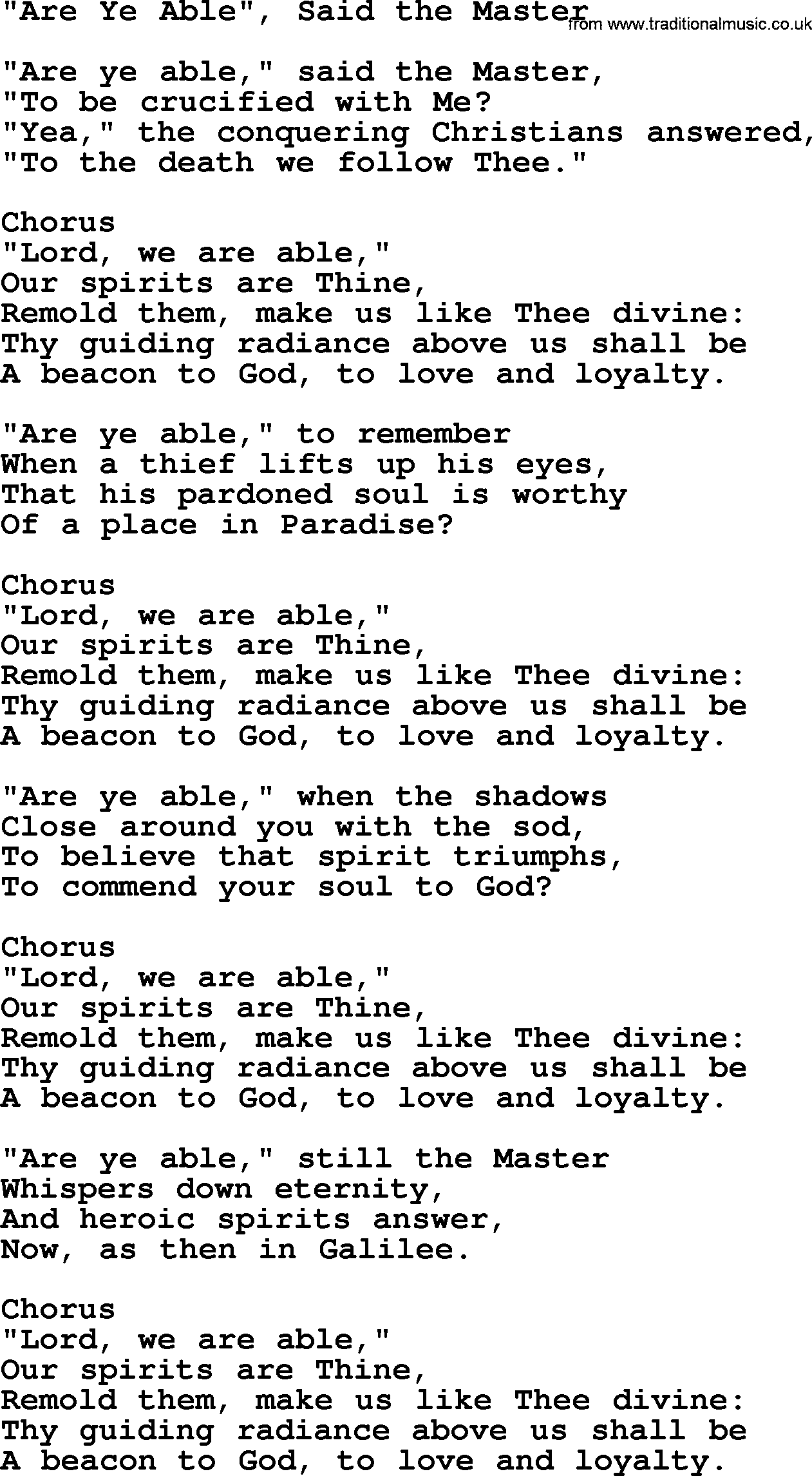 Baptist Hymnal Hymn: Are Ye Able, Said The Master, lyrics with pdf
