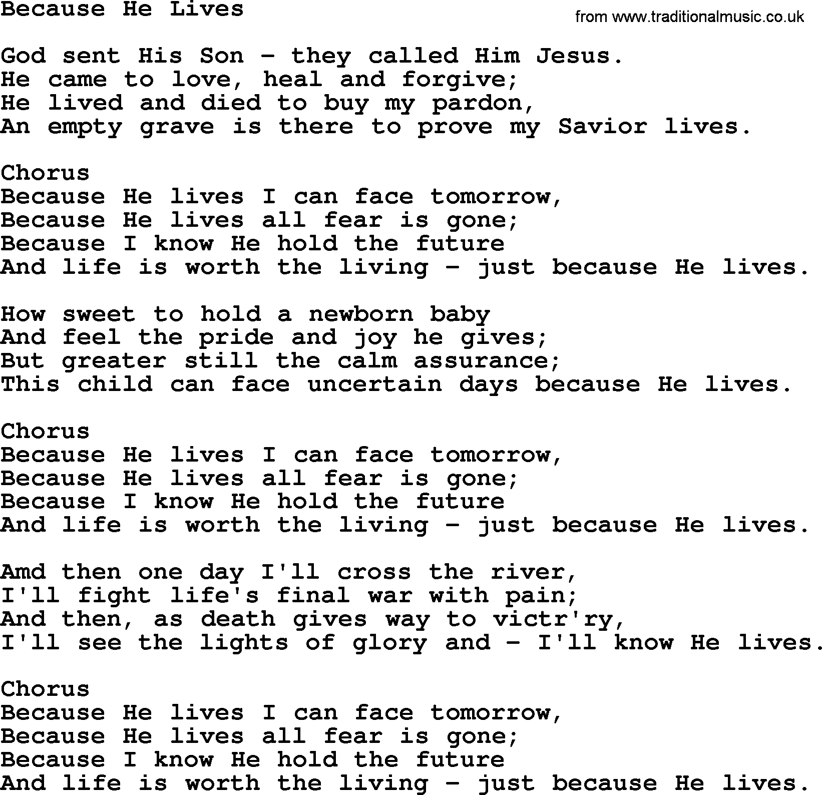 Baptist Hymnal Hymn: Because He Lives, lyrics with pdf