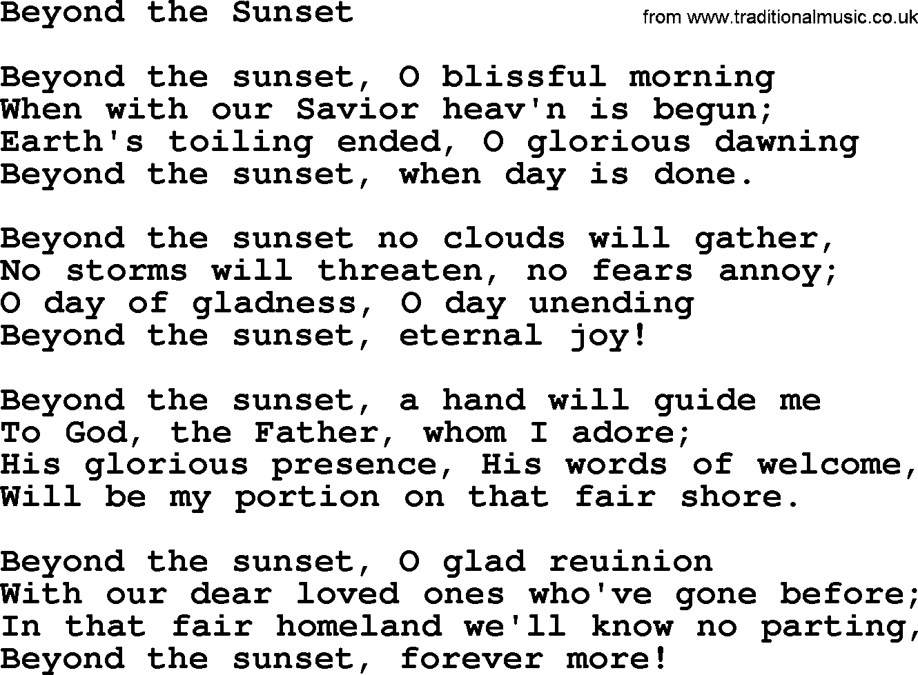 Baptist Hymnal Hymn: Beyond The Sunset, lyrics with pdf