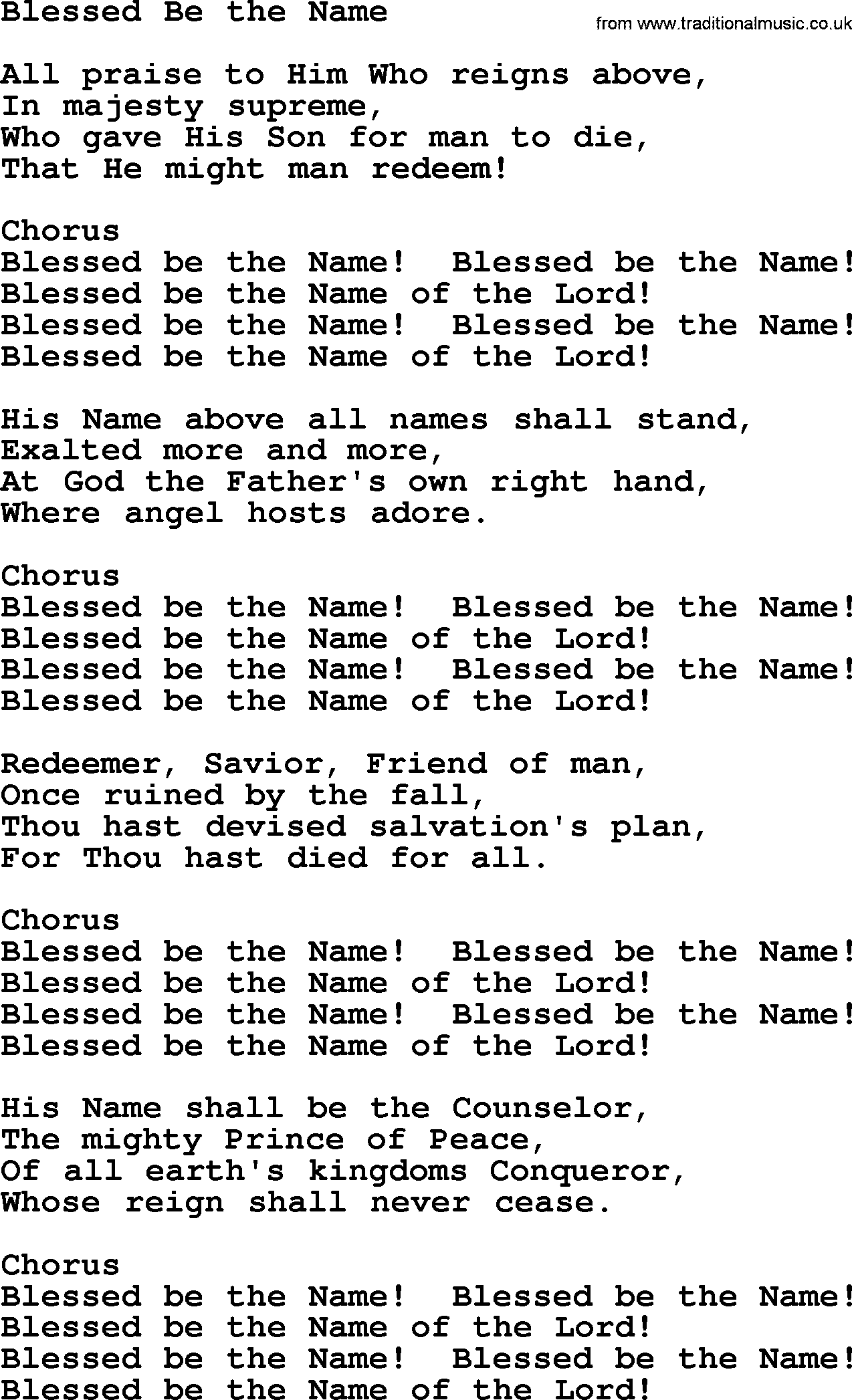 Baptist Hymnal Hymn: Blessed Be The Name, lyrics with pdf