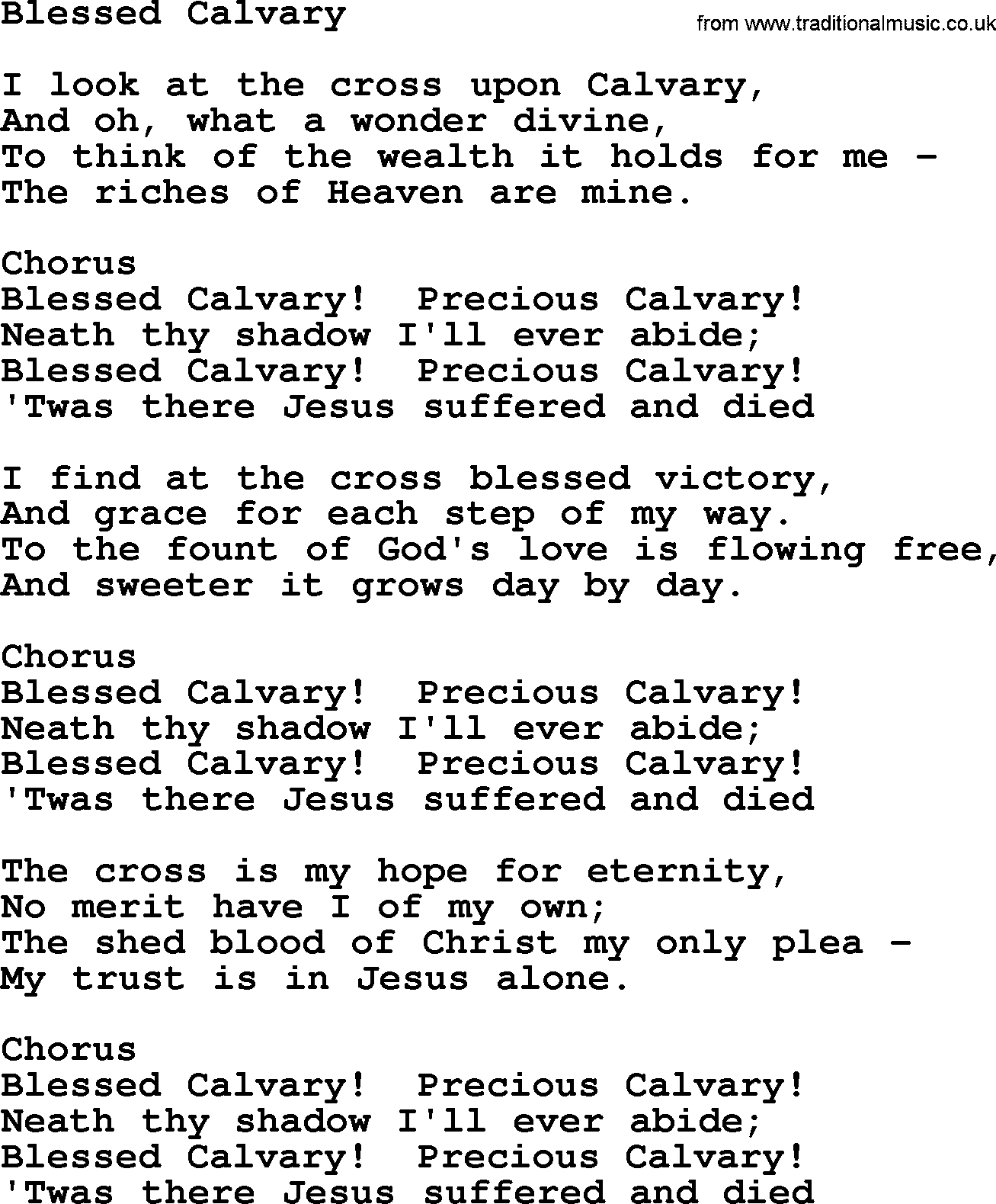 Baptist Hymnal Hymn: Blessed Calvary, lyrics with pdf