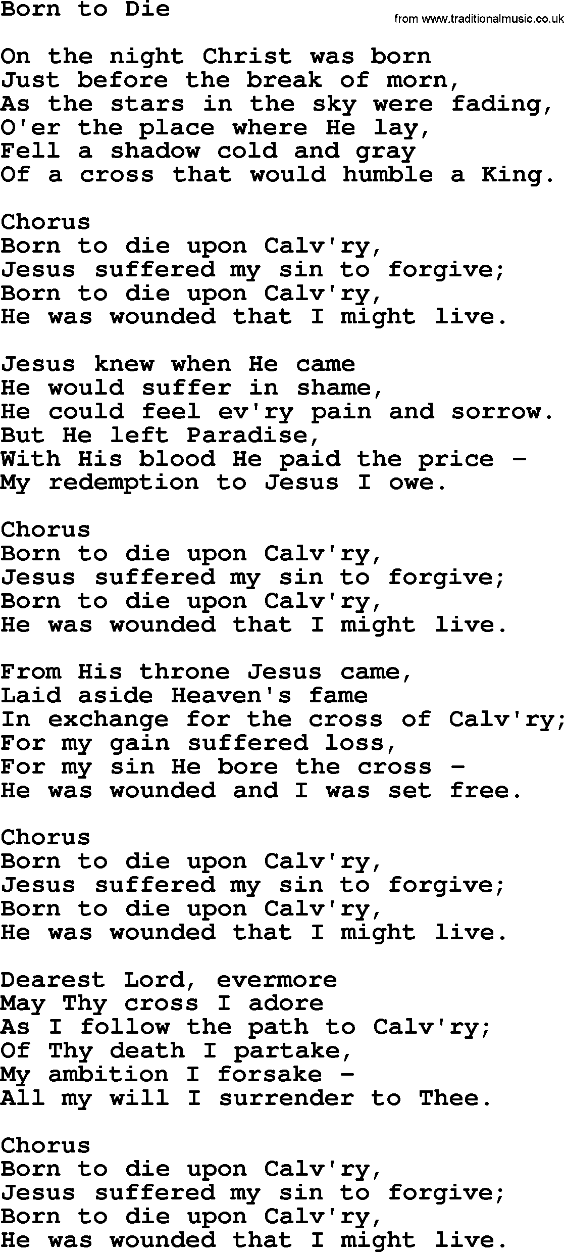 Baptist Hymnal Hymn: Born To Die, lyrics with pdf