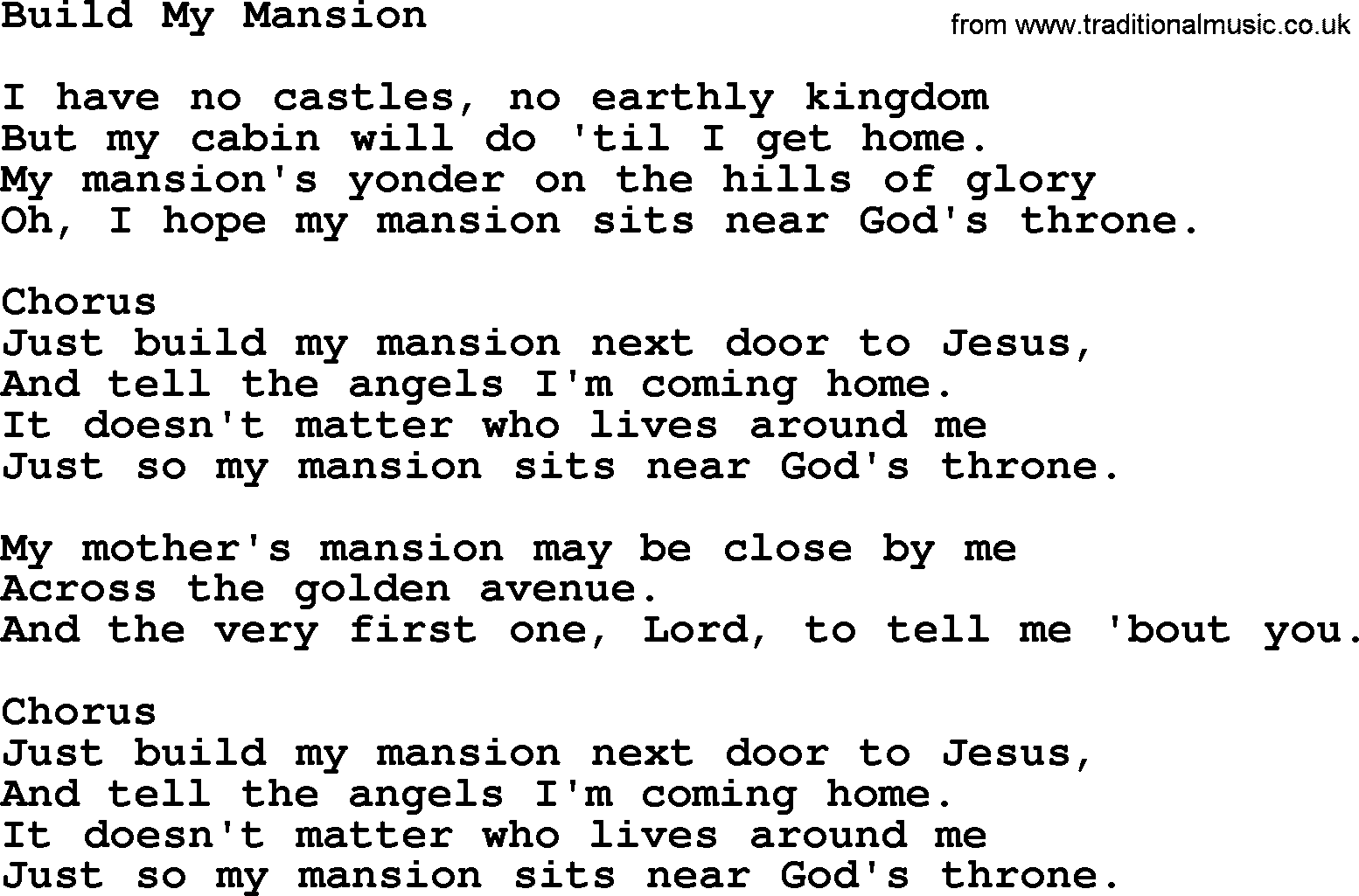 Baptist Hymnal Hymn: Build My Mansion, lyrics with pdf