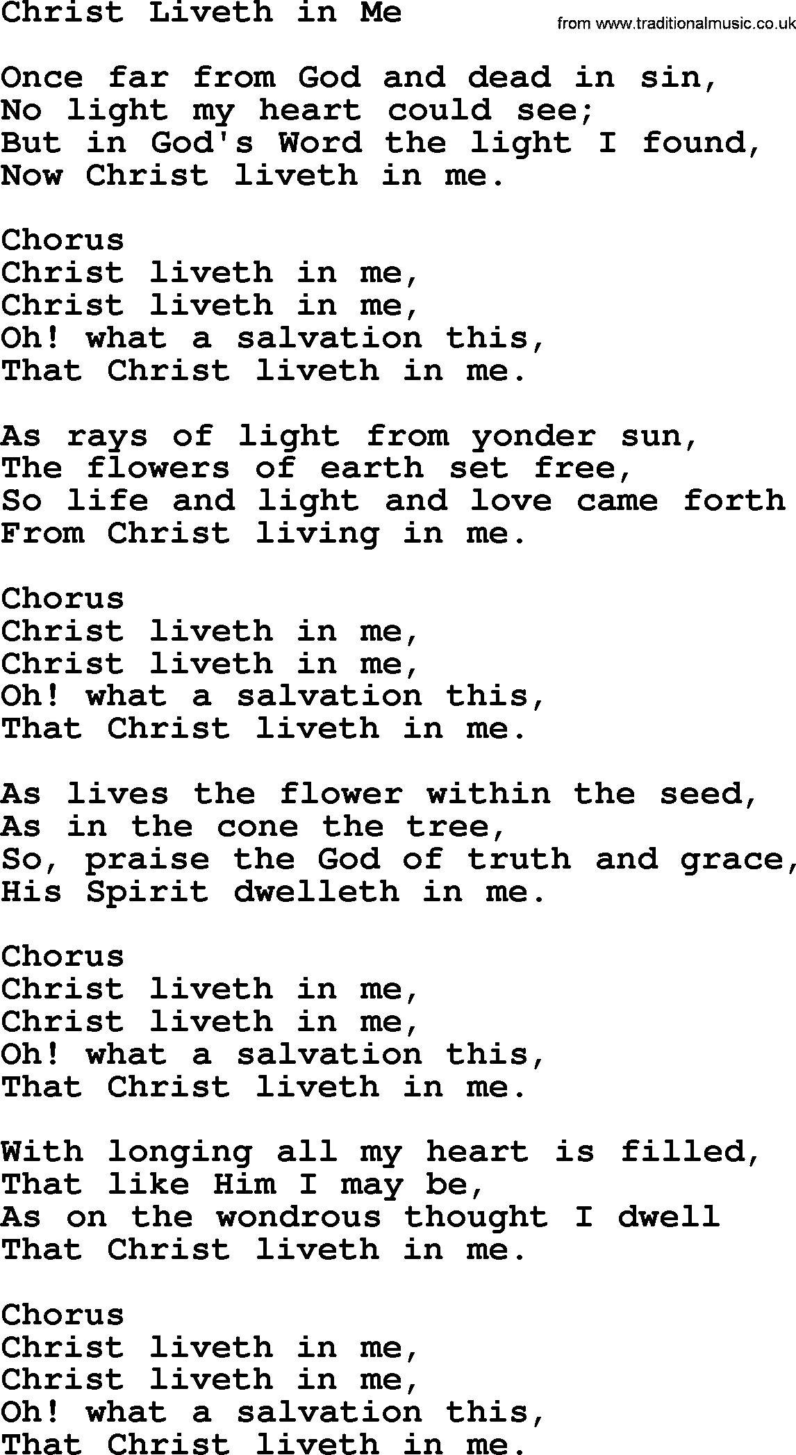 Baptist Hymnal Hymn: Christ Liveth In Me, lyrics with pdf