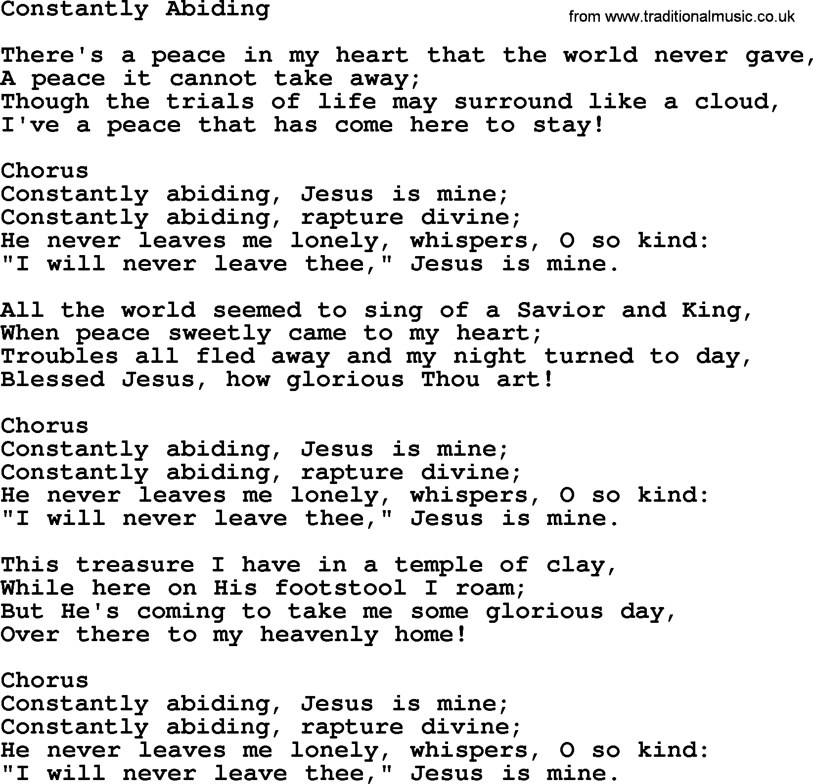 Baptist Hymnal Hymn: Constantly Abiding, lyrics with pdf