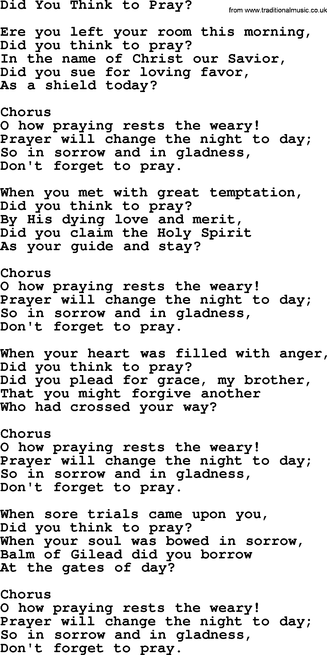 Baptist Hymnal Hymn: Did You Think To Pray, lyrics with pdf