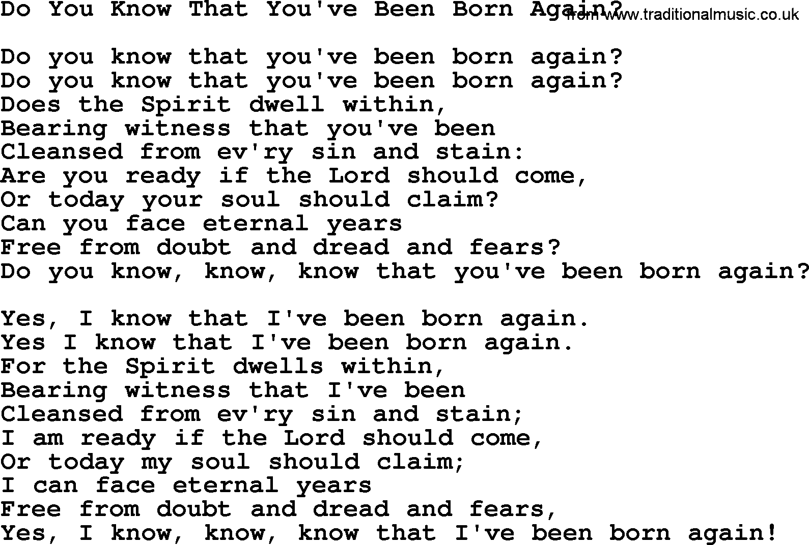 Baptist Hymnal Hymn: Do You Know That You've Been Born Again, lyrics with pdf