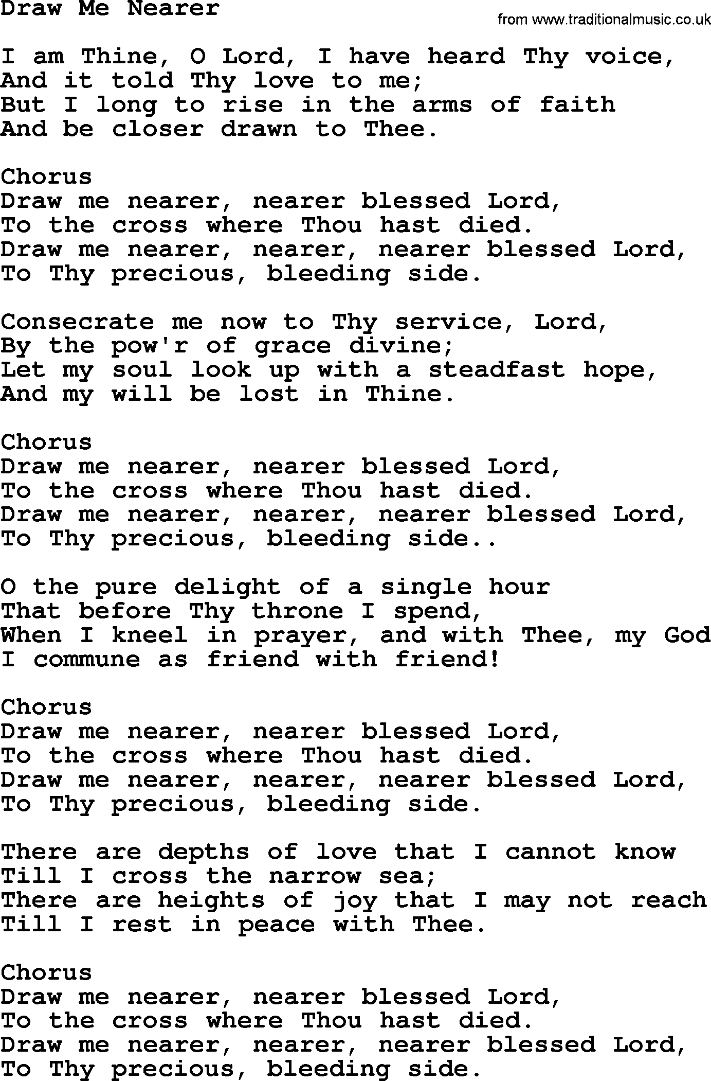 Baptist Hymnal Hymn: Draw Me Nearer, lyrics with pdf