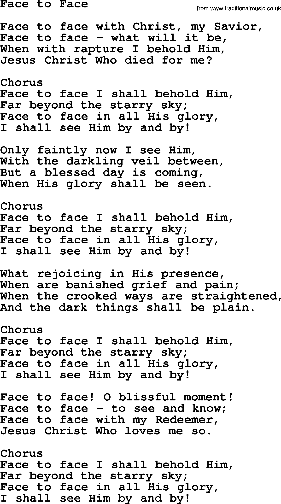 Baptist Hymnal Hymn: Face To Face, lyrics with pdf
