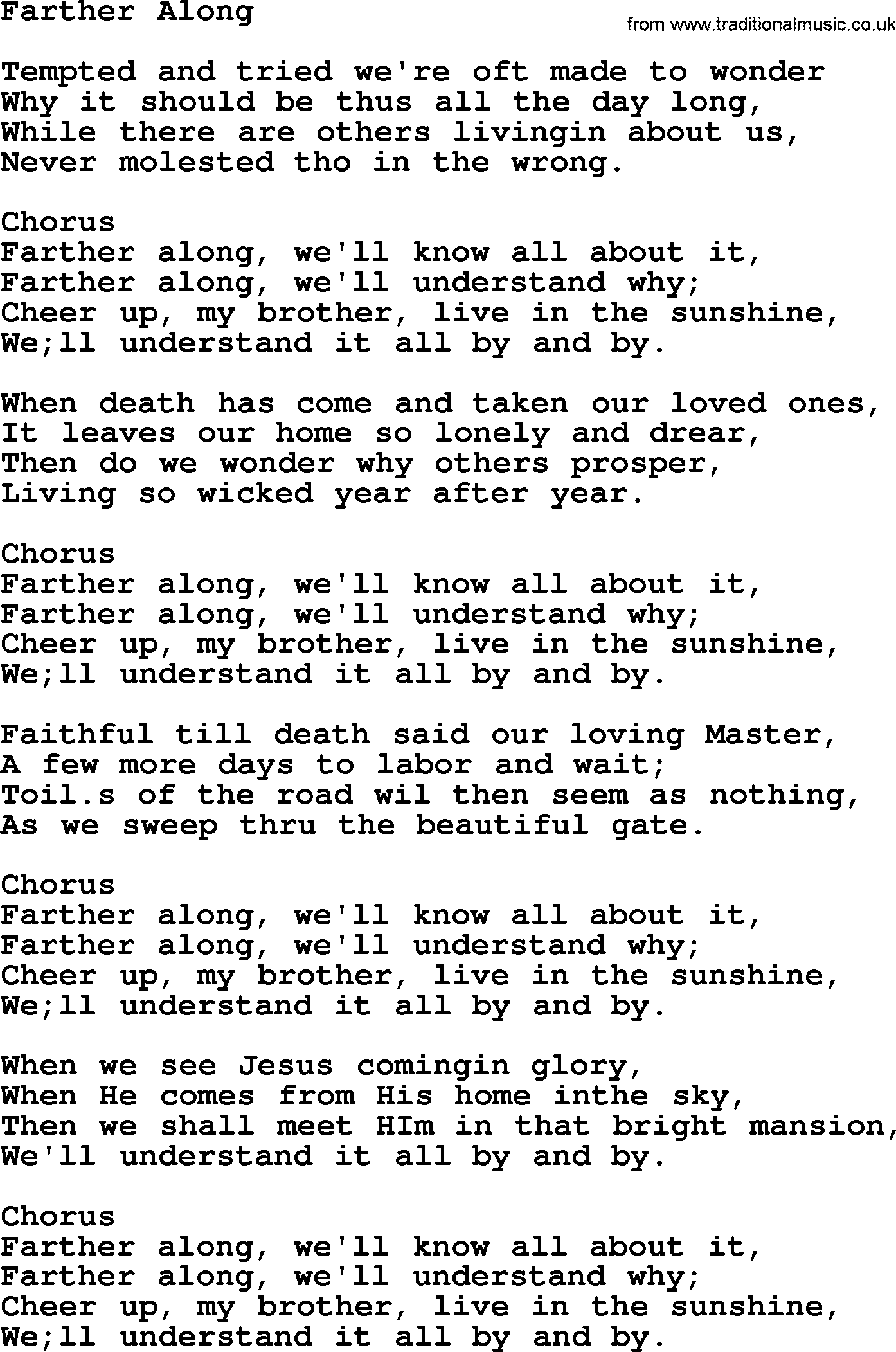 Baptist Hymnal, Christian Song: Farther Along- lyrics with PDF for printing