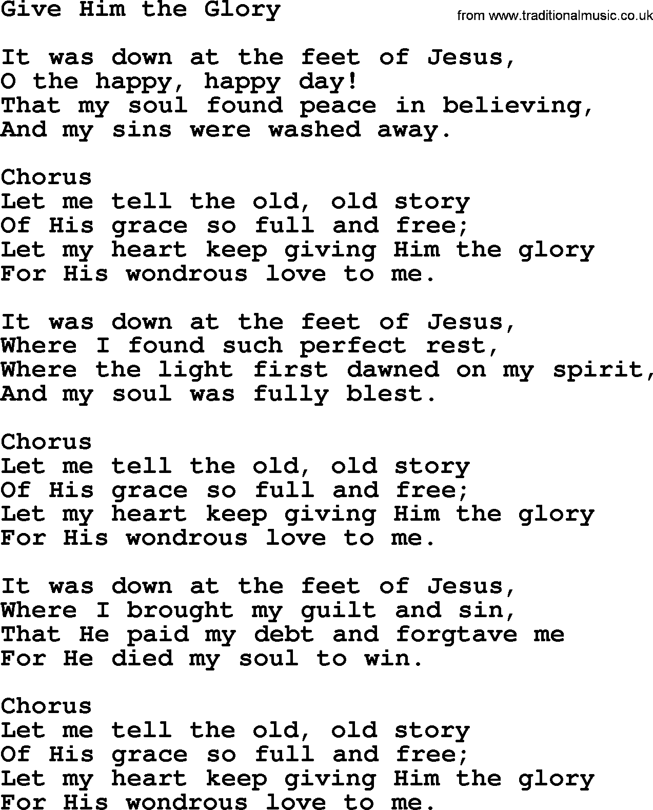 Baptist Hymnal Hymn: Give Him The Glory, lyrics with pdf