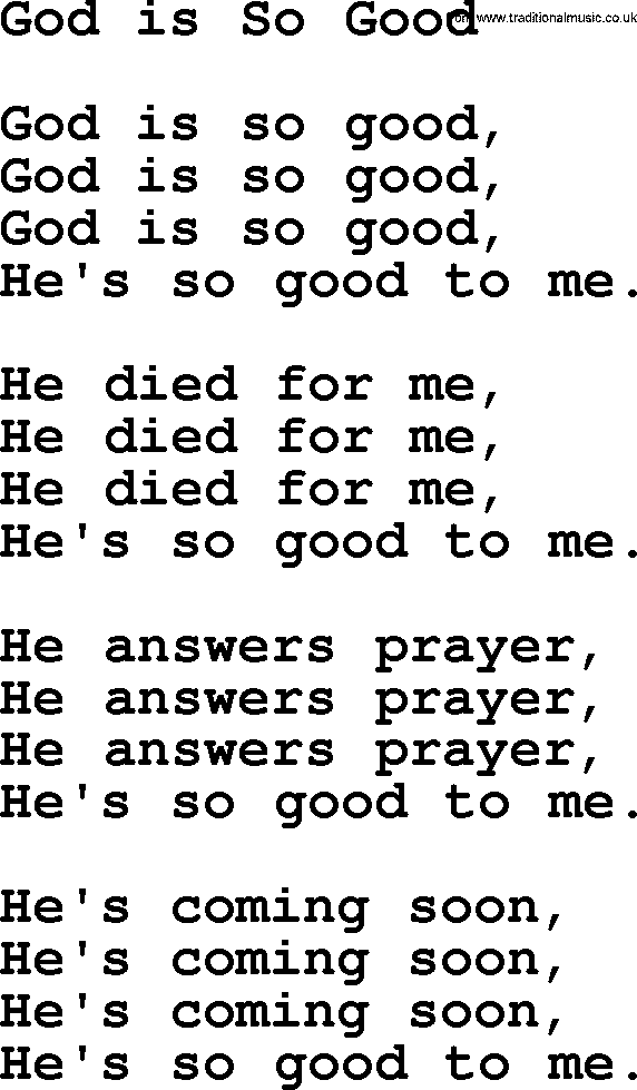 Baptist Hymnal Hymn: God Is So Good, lyrics with pdf