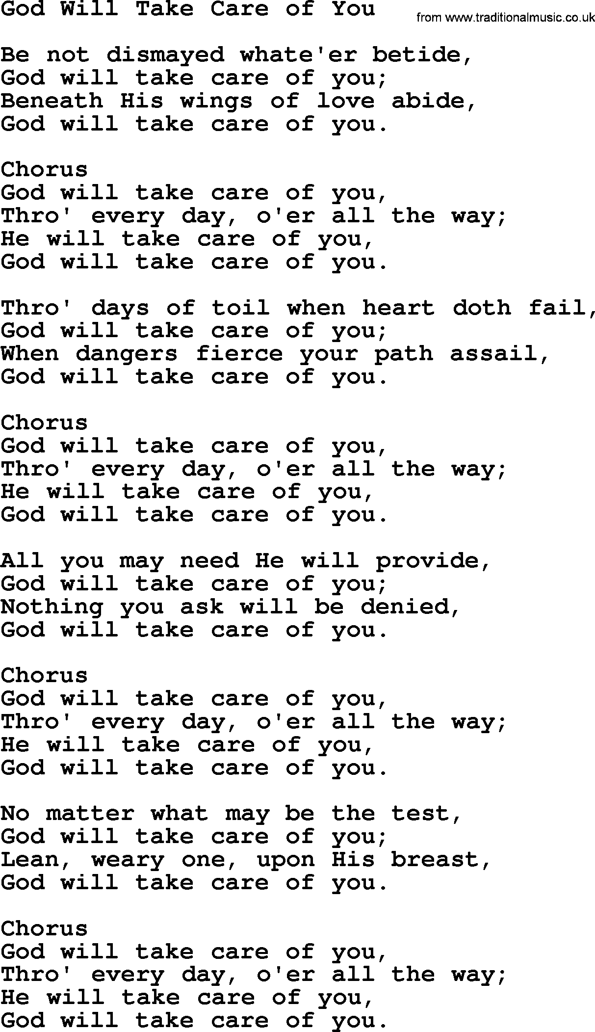 Baptist Hymnal Hymn: God Will Take Care Of You, lyrics with pdf