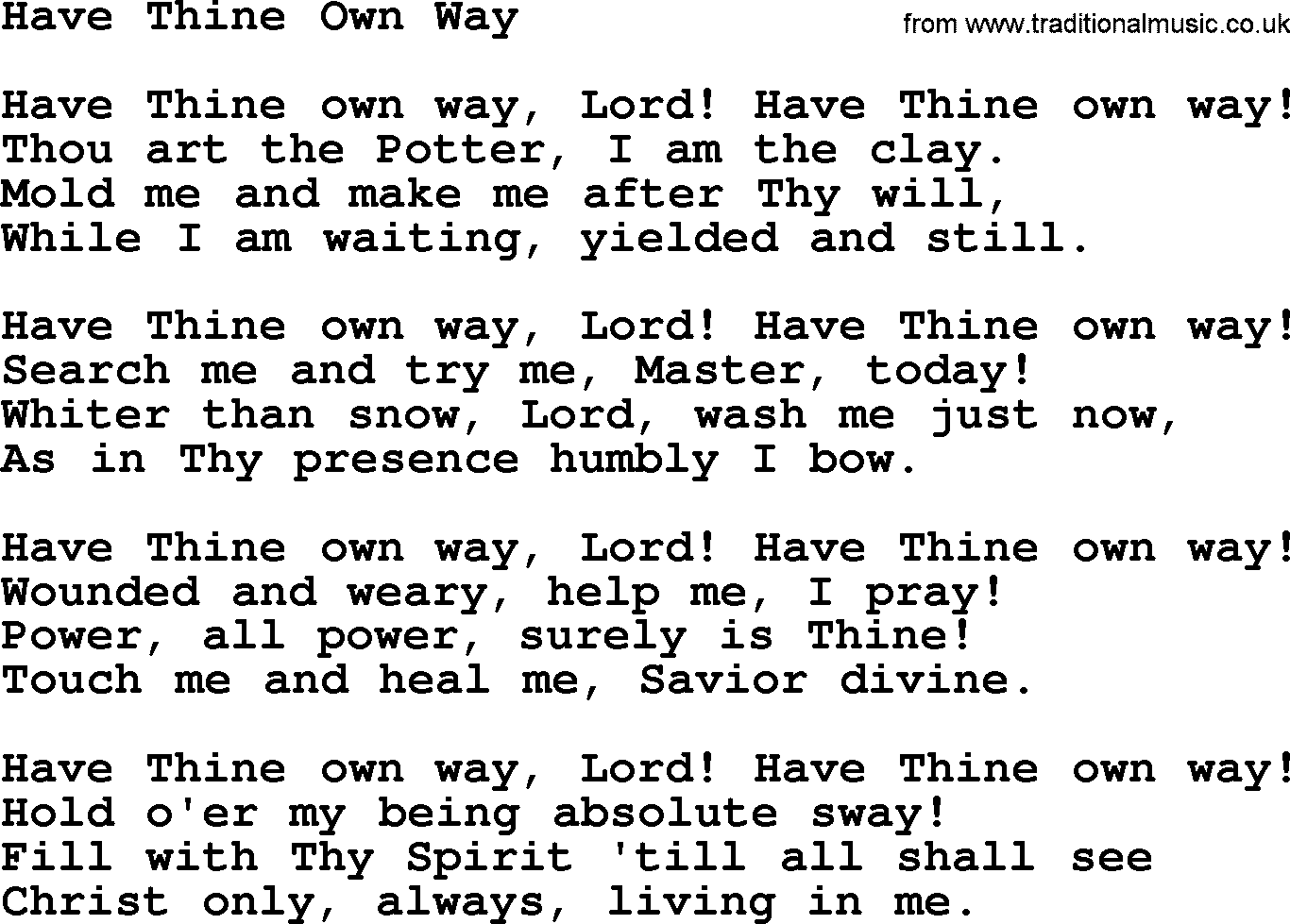 Baptist Hymnal Hymn: Have Thine Own Way, lyrics with pdf