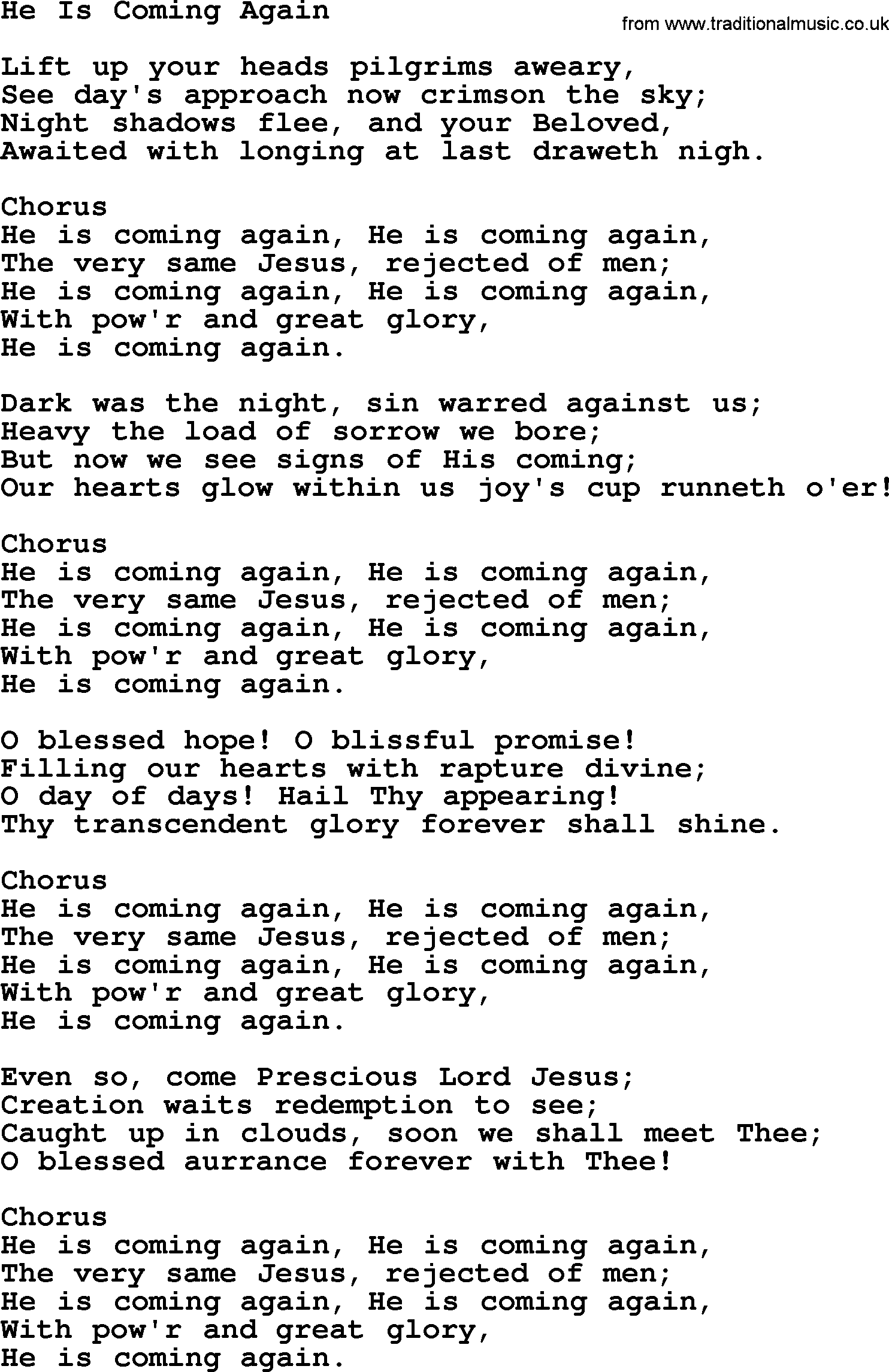 Baptist Hymnal Hymn: He Is Coming Again, lyrics with pdf