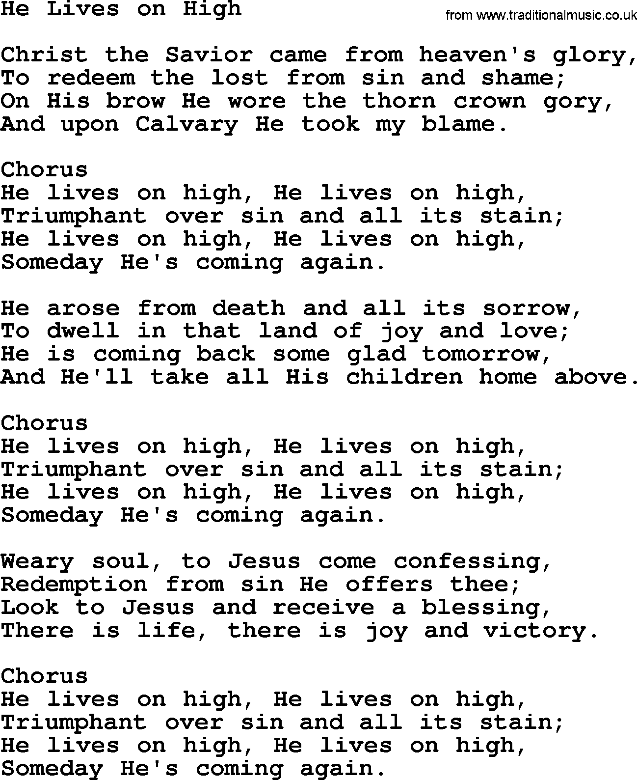 Baptist Hymnal Hymn: He Lives On High, lyrics with pdf
