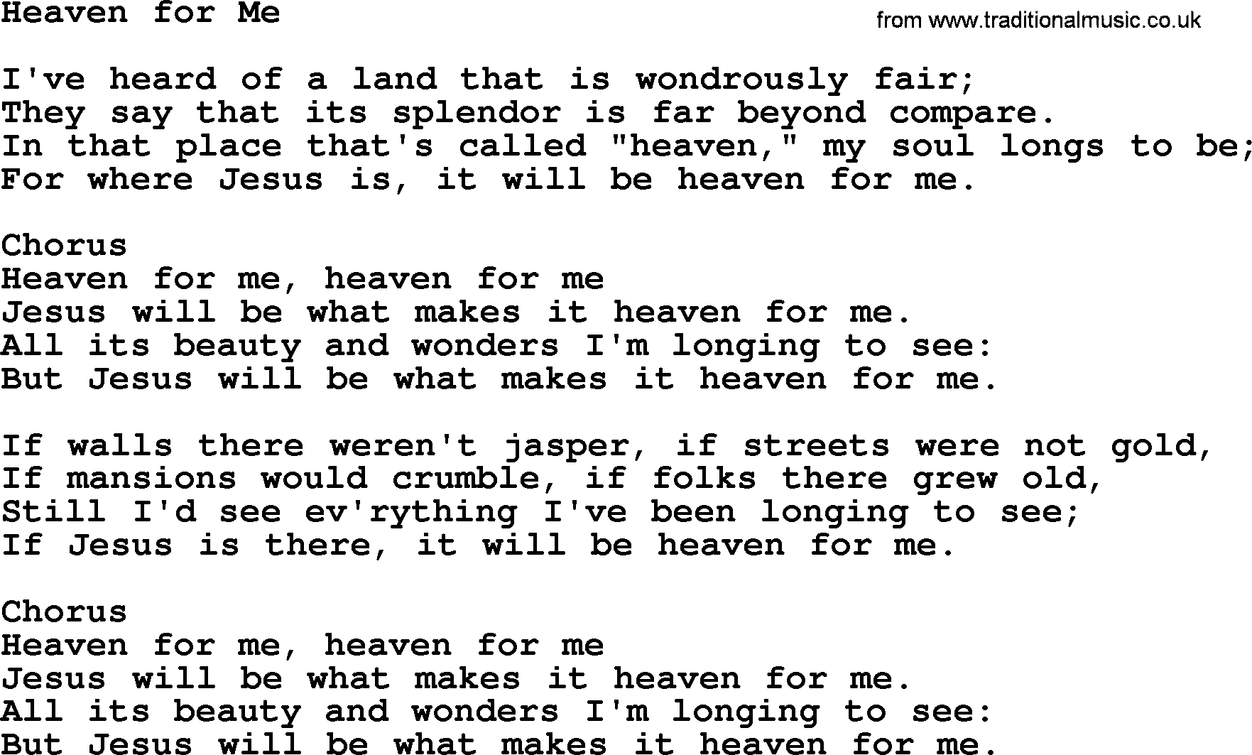 Baptist Hymnal Hymn: Heaven For Me, lyrics with pdf
