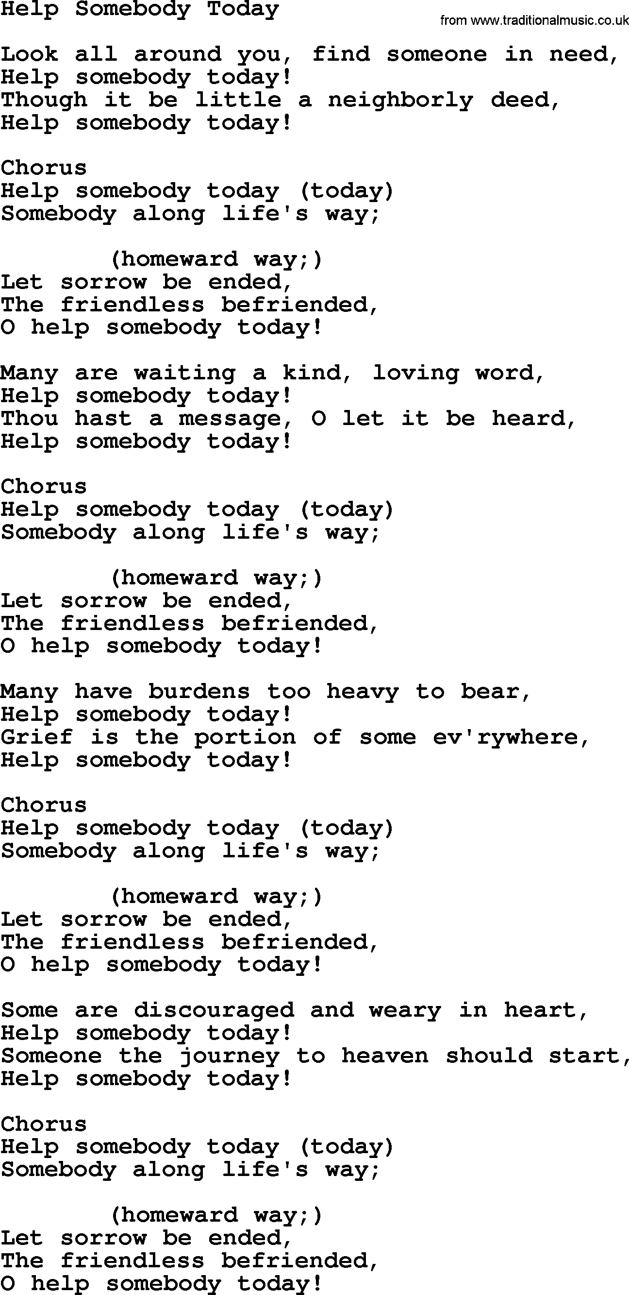 Baptist Hymnal Hymn: Help Somebody Today, lyrics with pdf