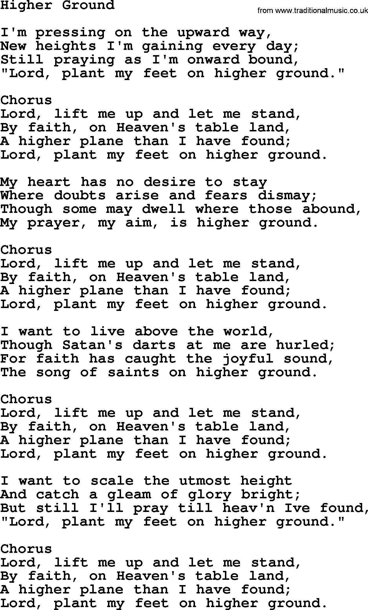Baptist Hymnal Hymn: Higher Ground, lyrics with pdf