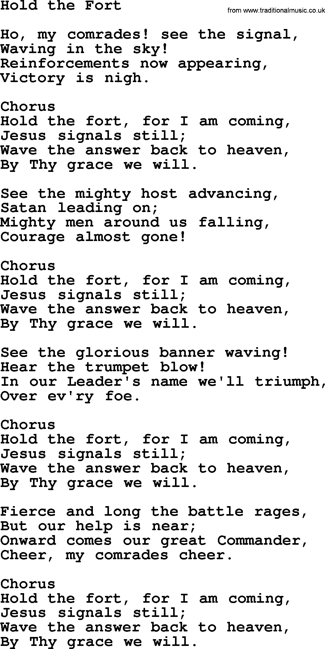 Baptist Hymnal Hymn: Hold The Fort, lyrics with pdf