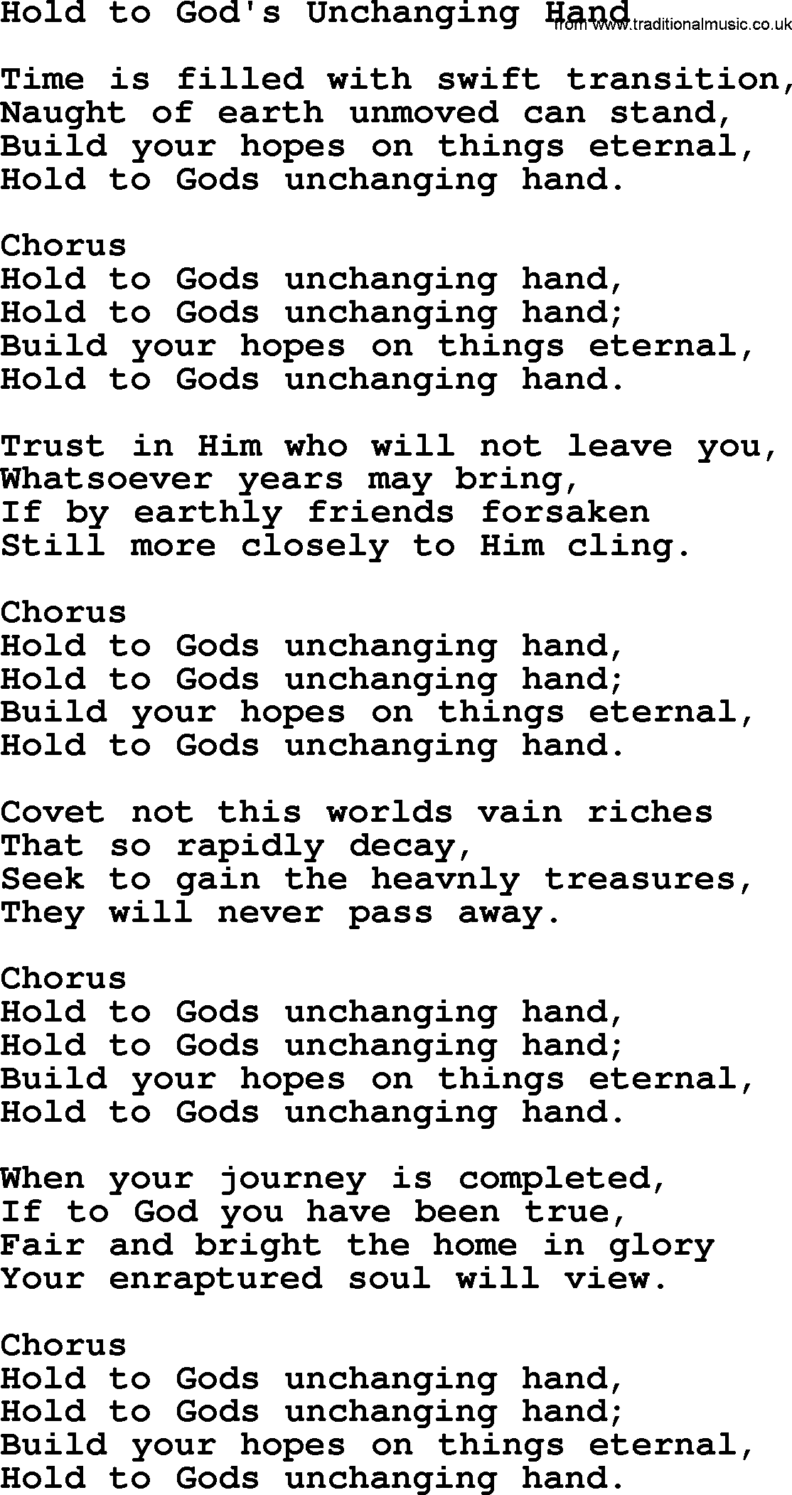 Baptist Hymnal Hymn: Hold To God's Unchanging Hand, lyrics with pdf