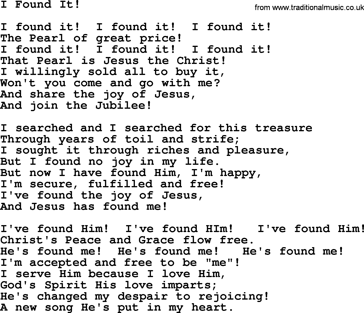 Baptist Hymnal Hymn: I Found It!, lyrics with pdf