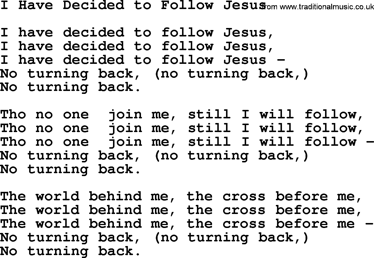 Baptist Hymnal Hymn: I Have Decided To Follow Jesus, lyrics with pdf