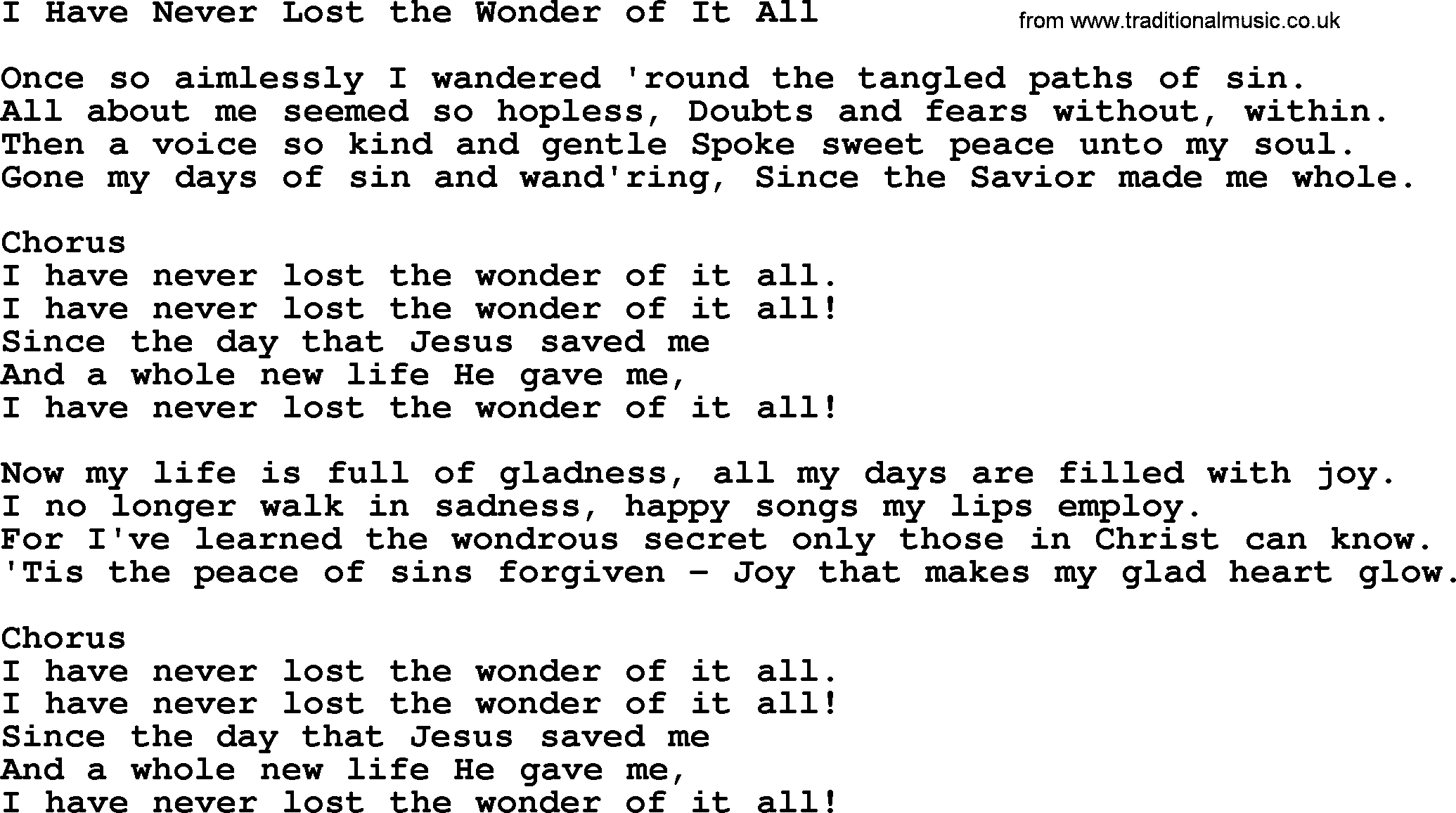 Baptist Hymnal Hymn: I Have Never Lost The Wonder Of It All, lyrics with pdf